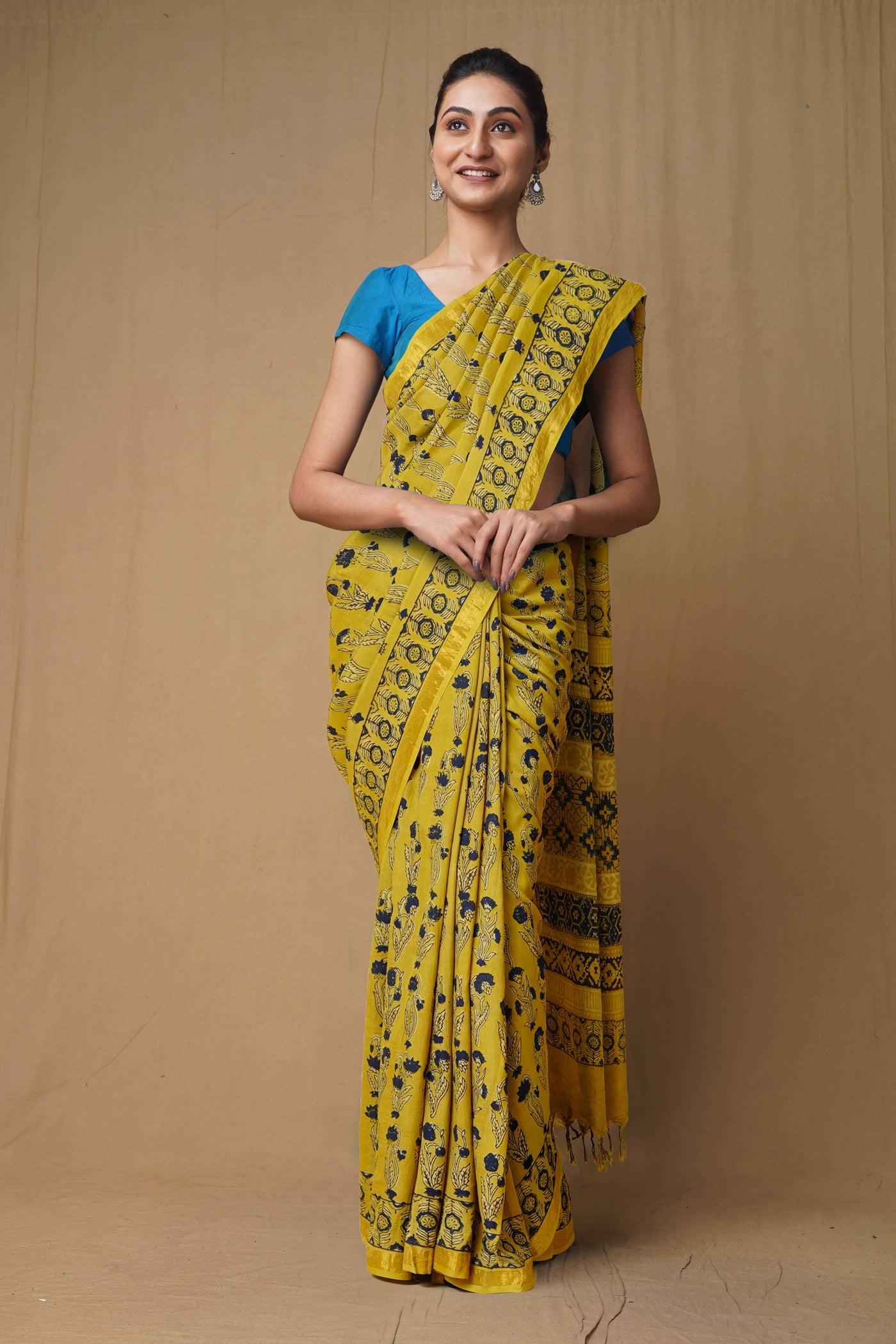 Yellow Pure Ajrakh Printed Soft Silk Saree-UNM79673