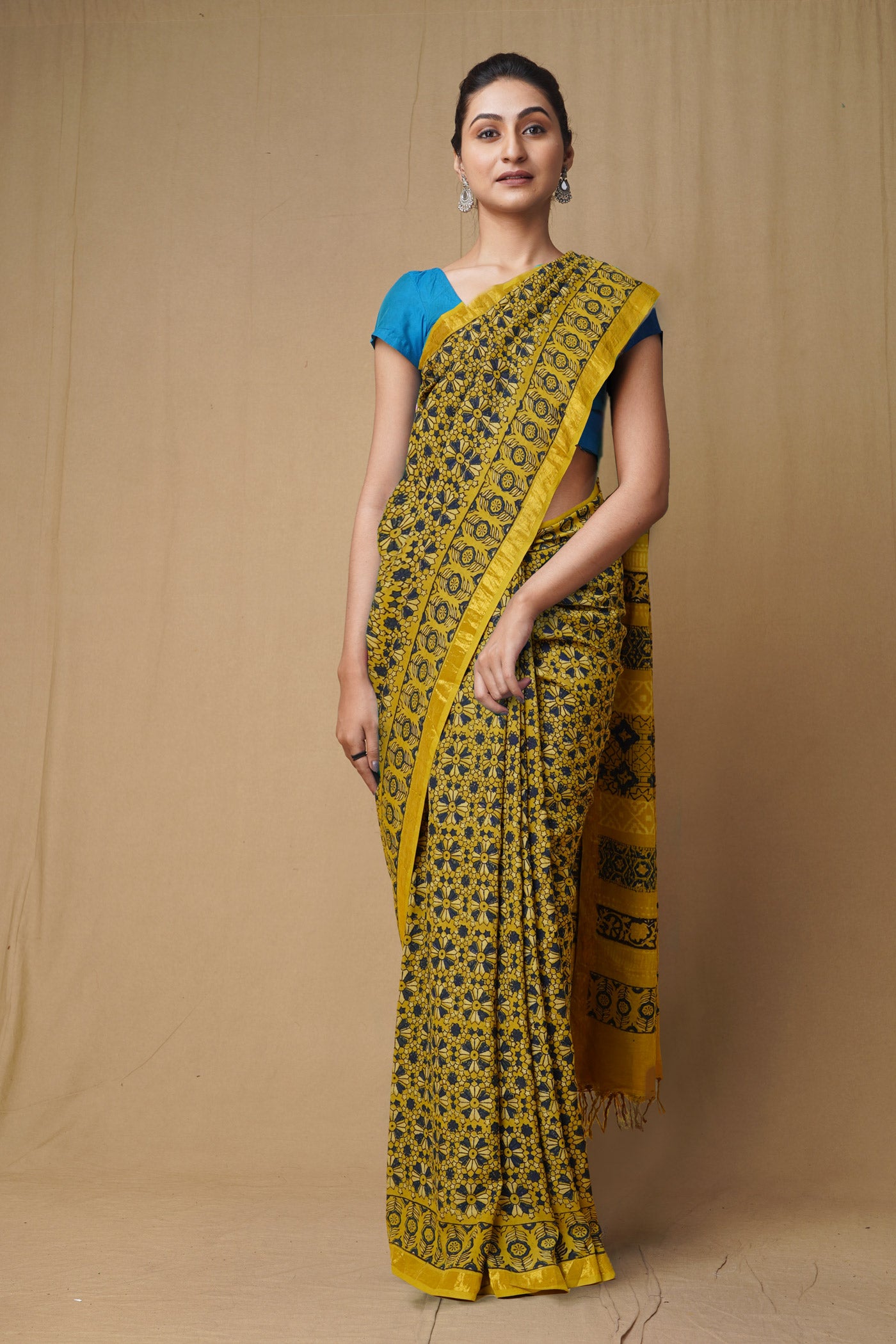 Yellow Pure Ajrakh Printed Soft Silk Saree-UNM79676