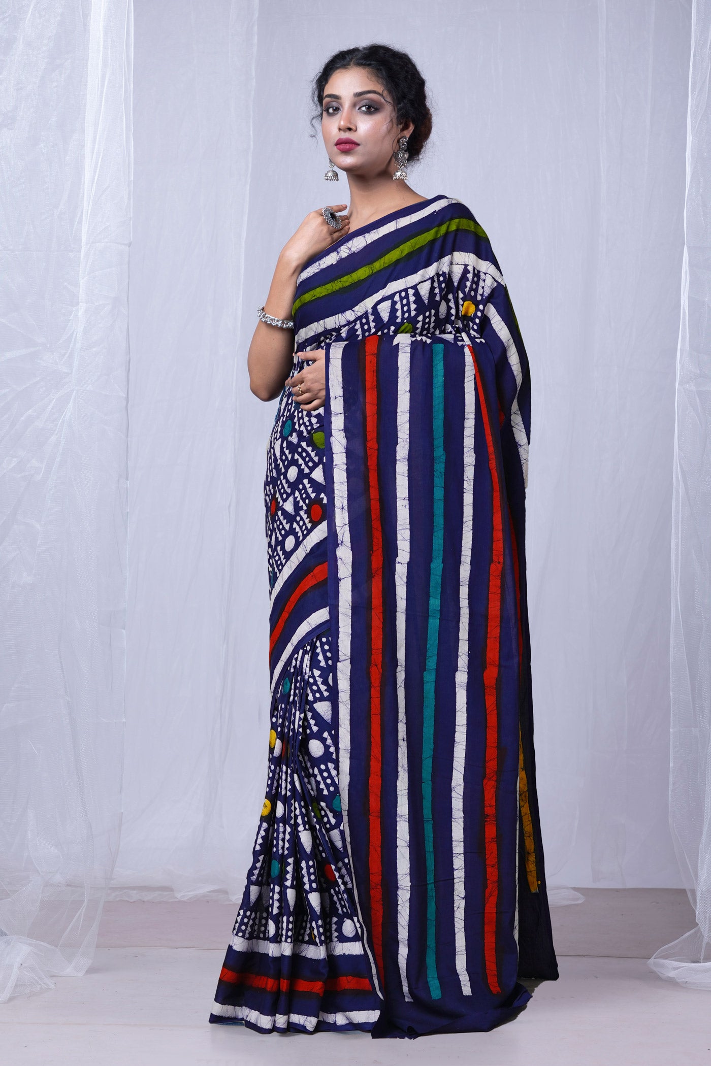 Navy Blue Pure Wax Batik Printed Superfine Mulmul Cotton Saree-UNM79691