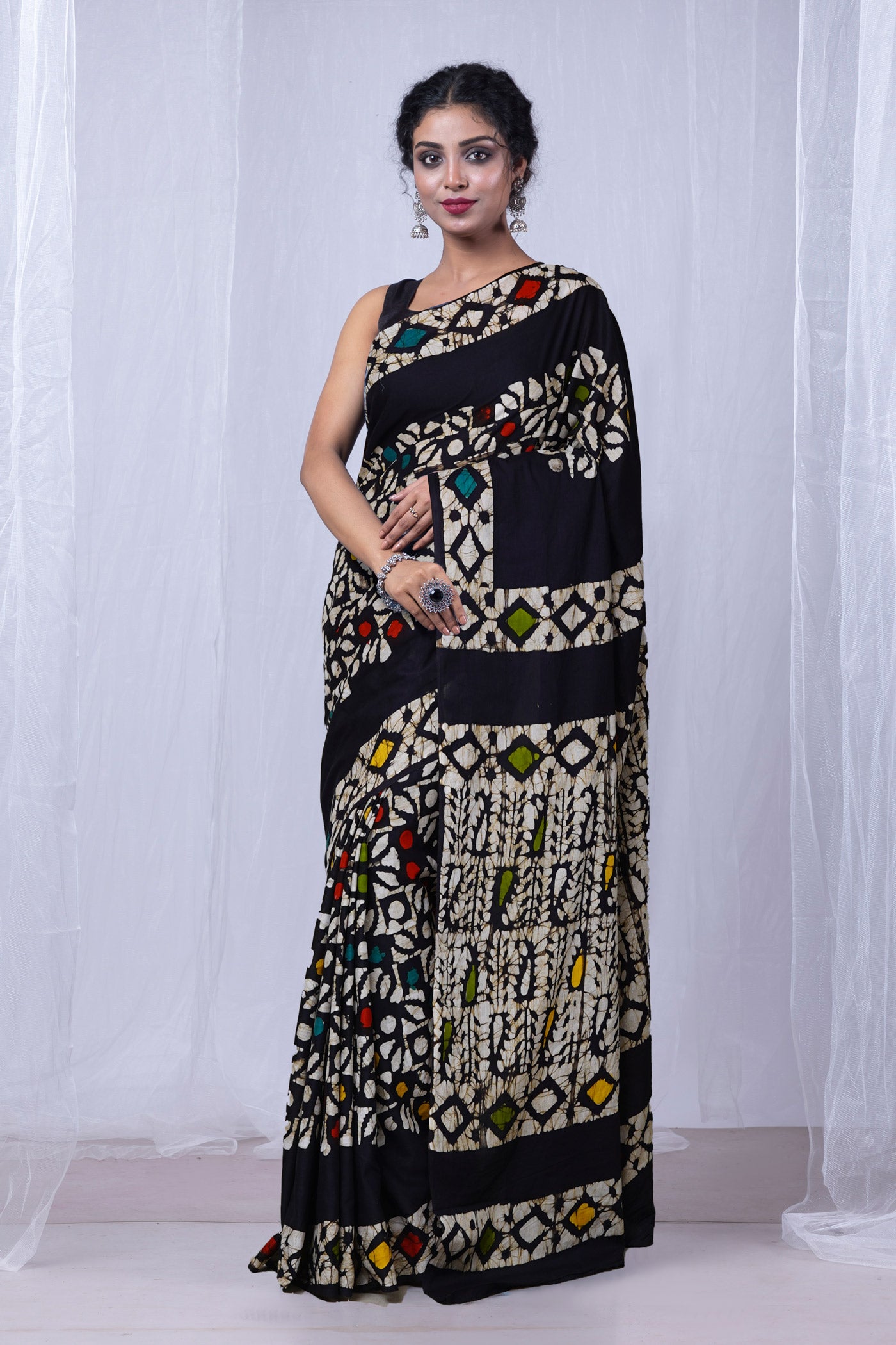 Black Pure Wax Batik Printed Superfine Mulmul Cotton Saree-UNM79695