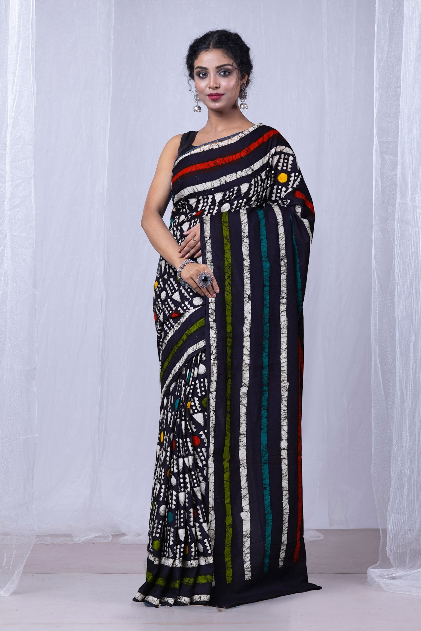 Black Pure Wax Batik Printed Superfine Mulmul Cotton Saree-UNM79701