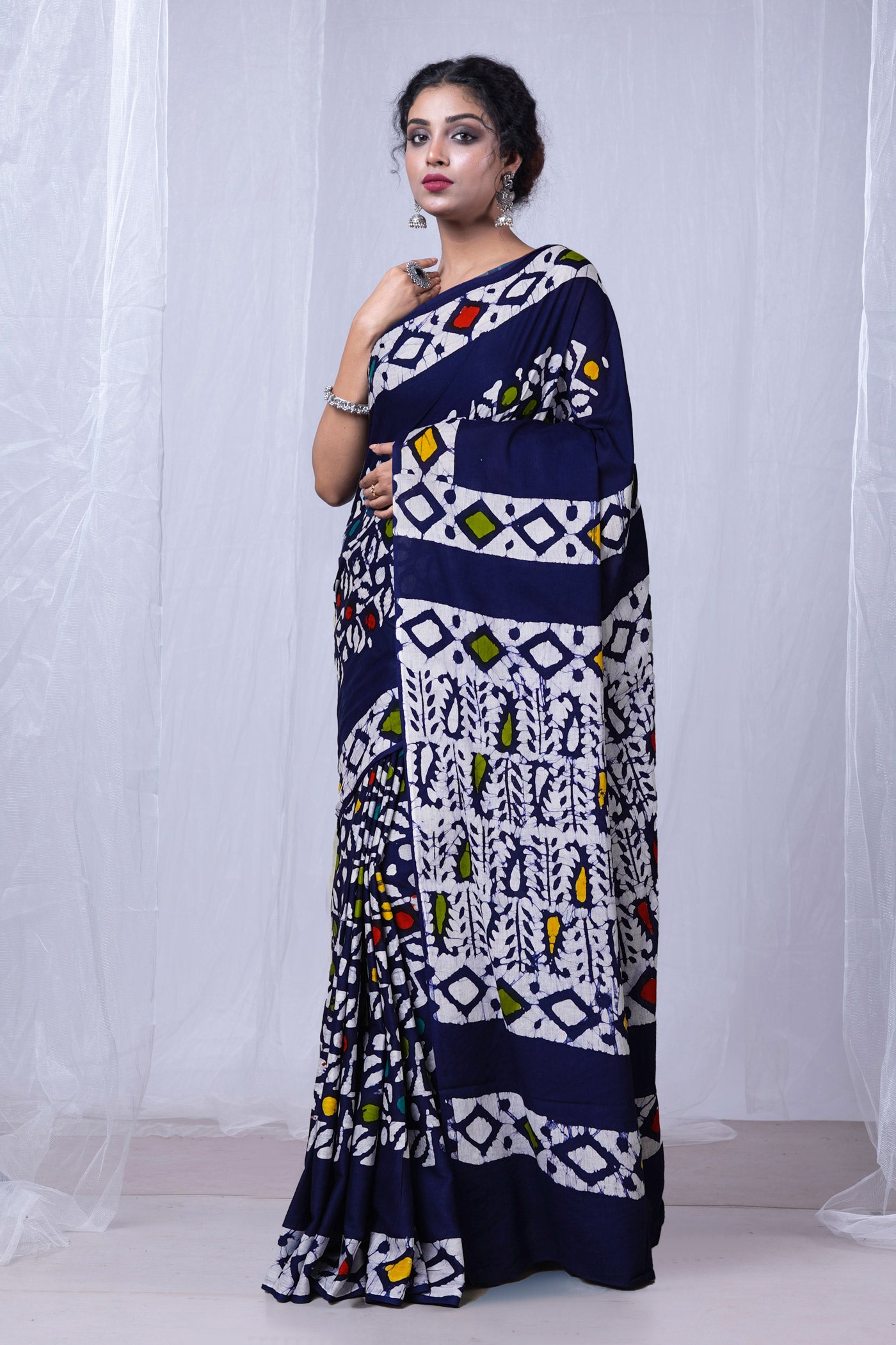 Navy Blue Pure Wax Batik Printed Superfine Mulmul Cotton Saree-UNM79702