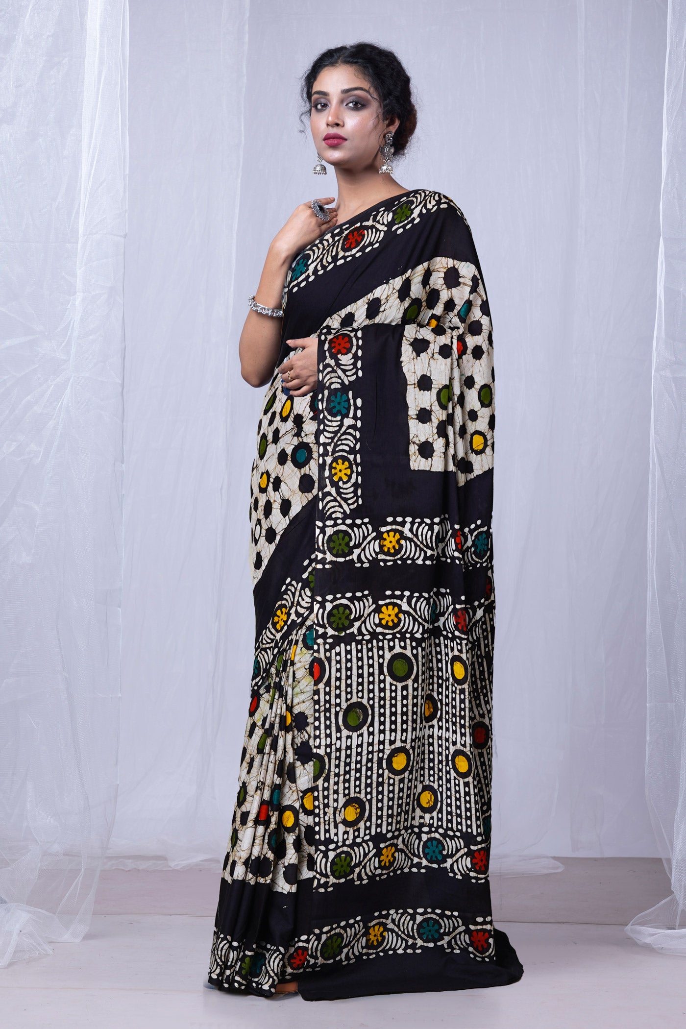 Black Pure Wax Batik Printed Superfine Mulmul Cotton Saree-UNM79705