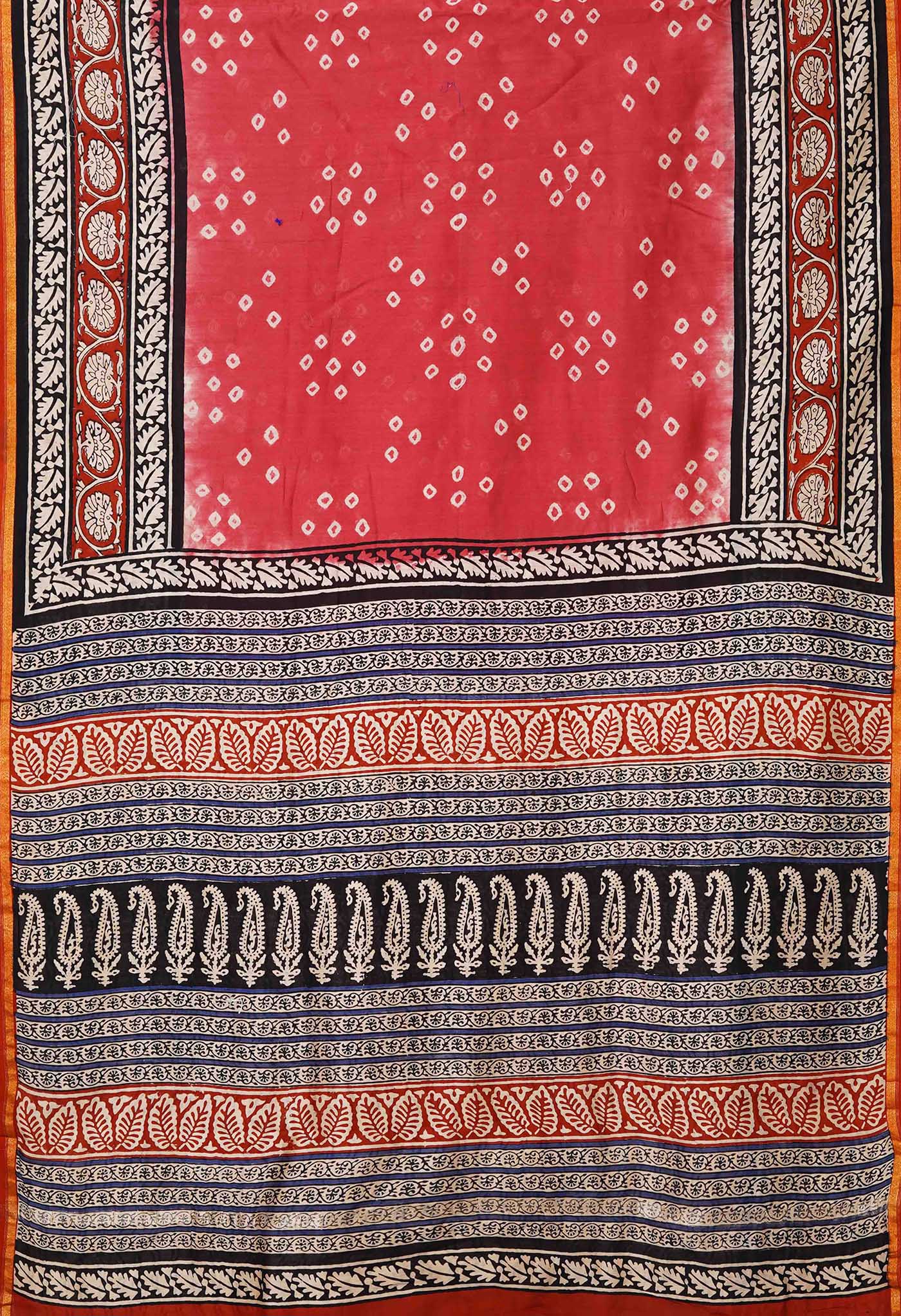 Pink Pure Bandhani Bagru Block Printed Chanderi Sico Saree-UNM79713