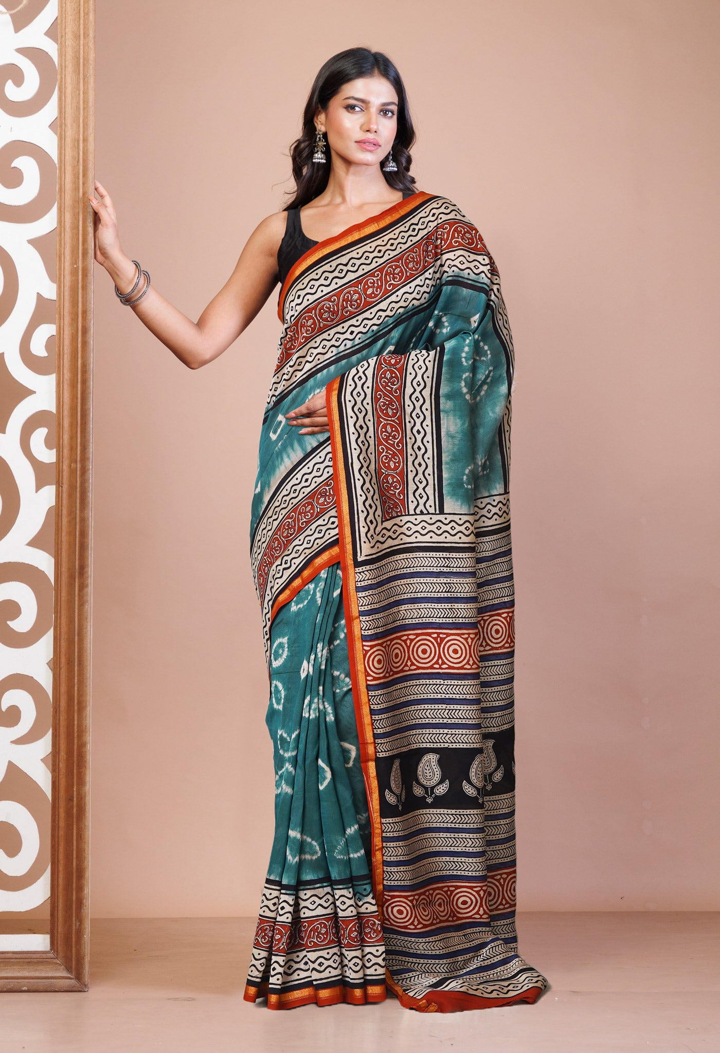 Green Pure Shibori Bagru Block Printed Chanderi Sico Saree-UNM79727