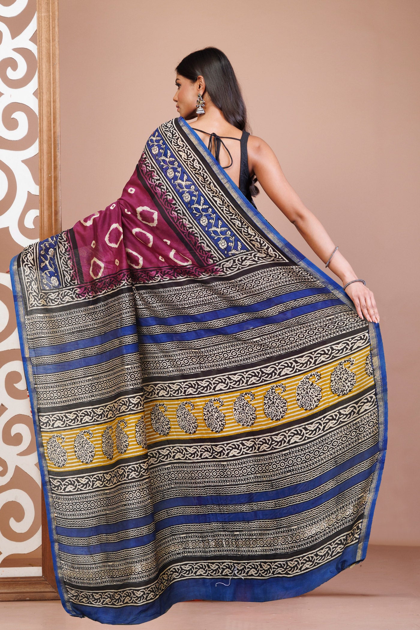 Purple Pure Bandhani Bagru Block Printed Chanderi Sico Saree-UNM79735