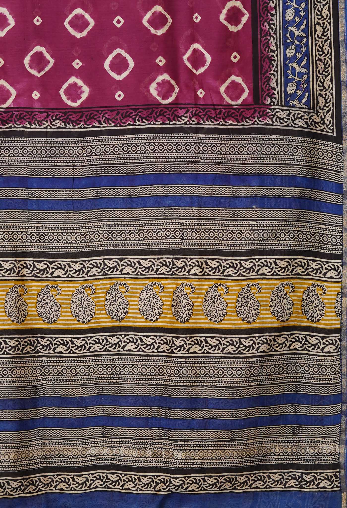 Purple Pure Bandhani Bagru Block Printed Chanderi Sico Saree-UNM79735