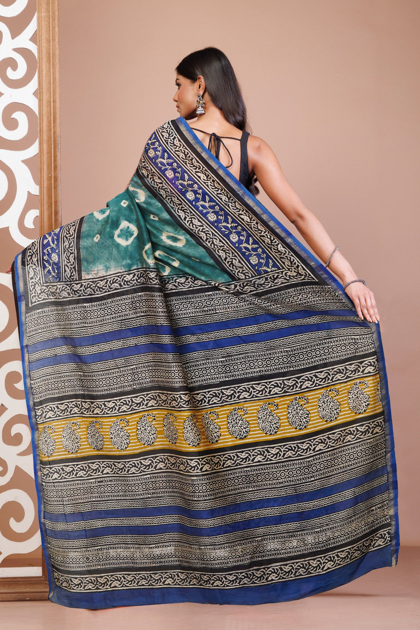 Green Pure Bandhani Bagru Block Printed Chanderi Sico Saree-UNM79736