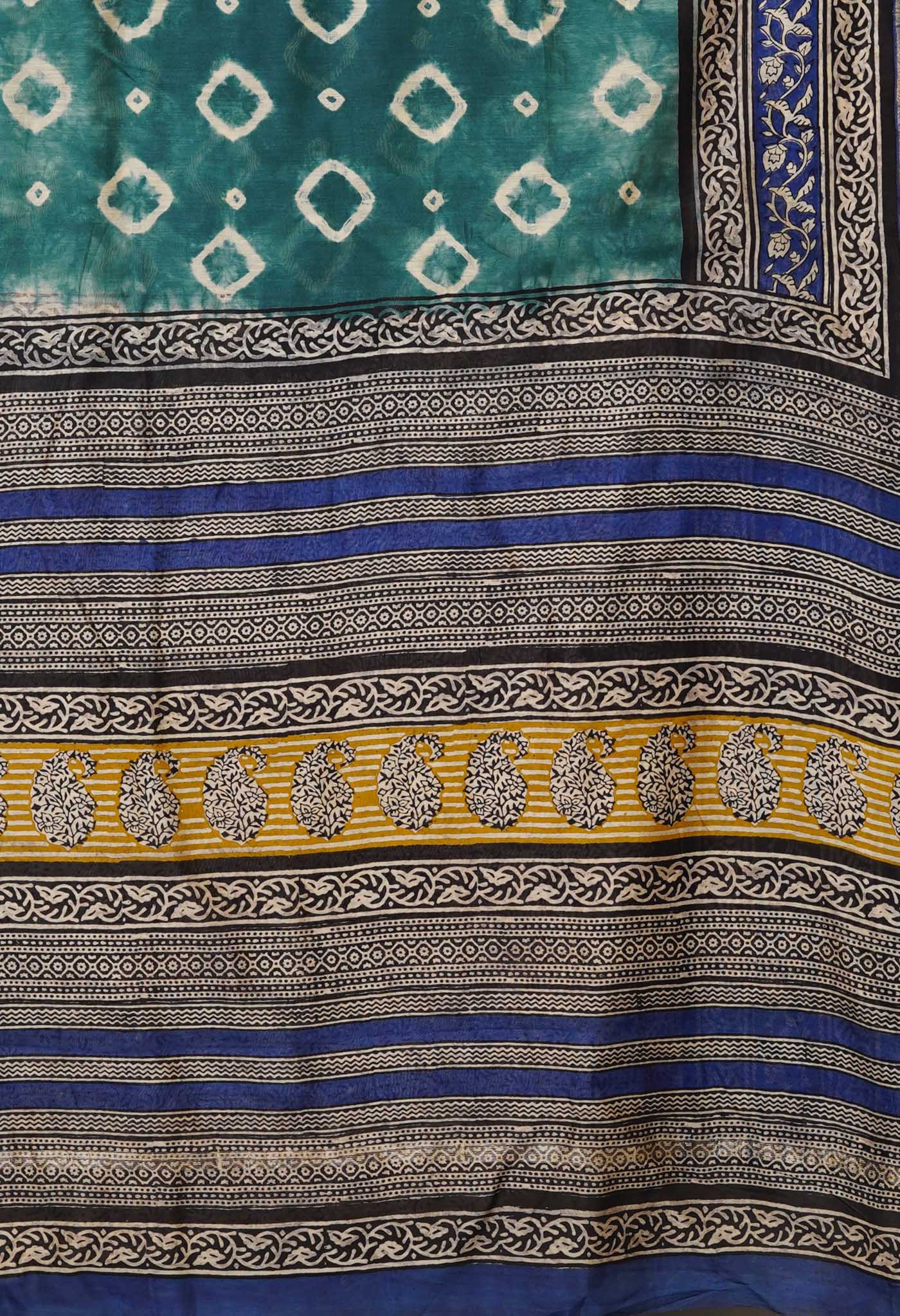 Green Pure Bandhani Bagru Block Printed Chanderi Sico Saree-UNM79736