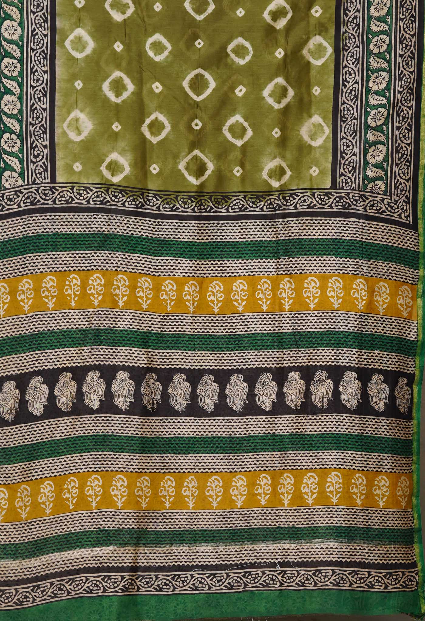 Green Pure Bandhani Bagru Block Printed Chanderi Sico Saree-UNM79738