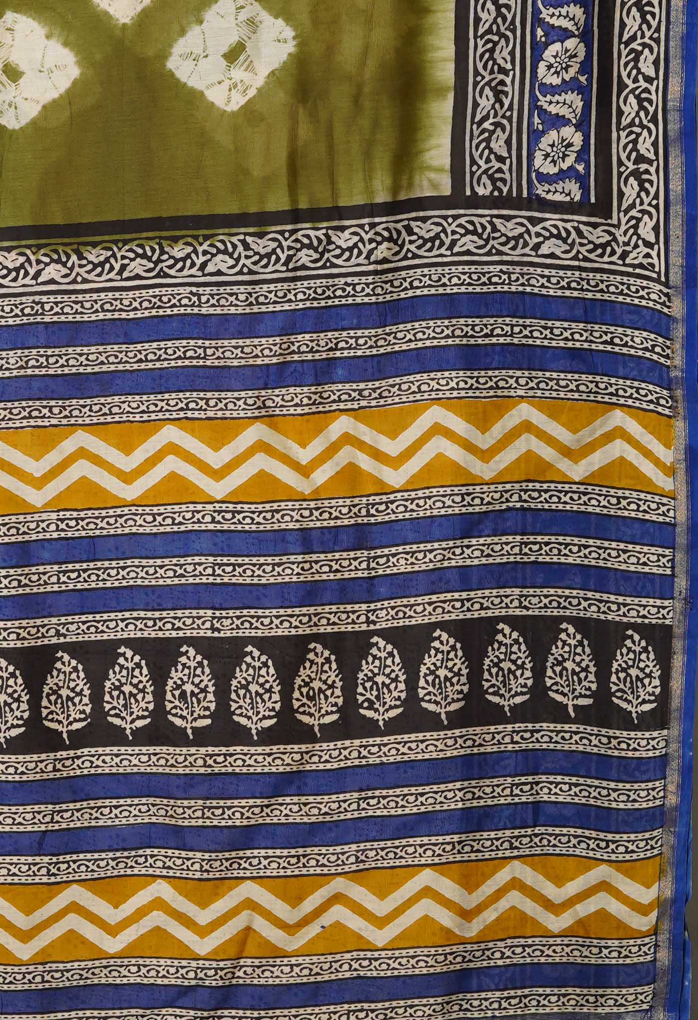 Green Pure Shibori Bagru Block Printed Chanderi Sico Saree-UNM79746