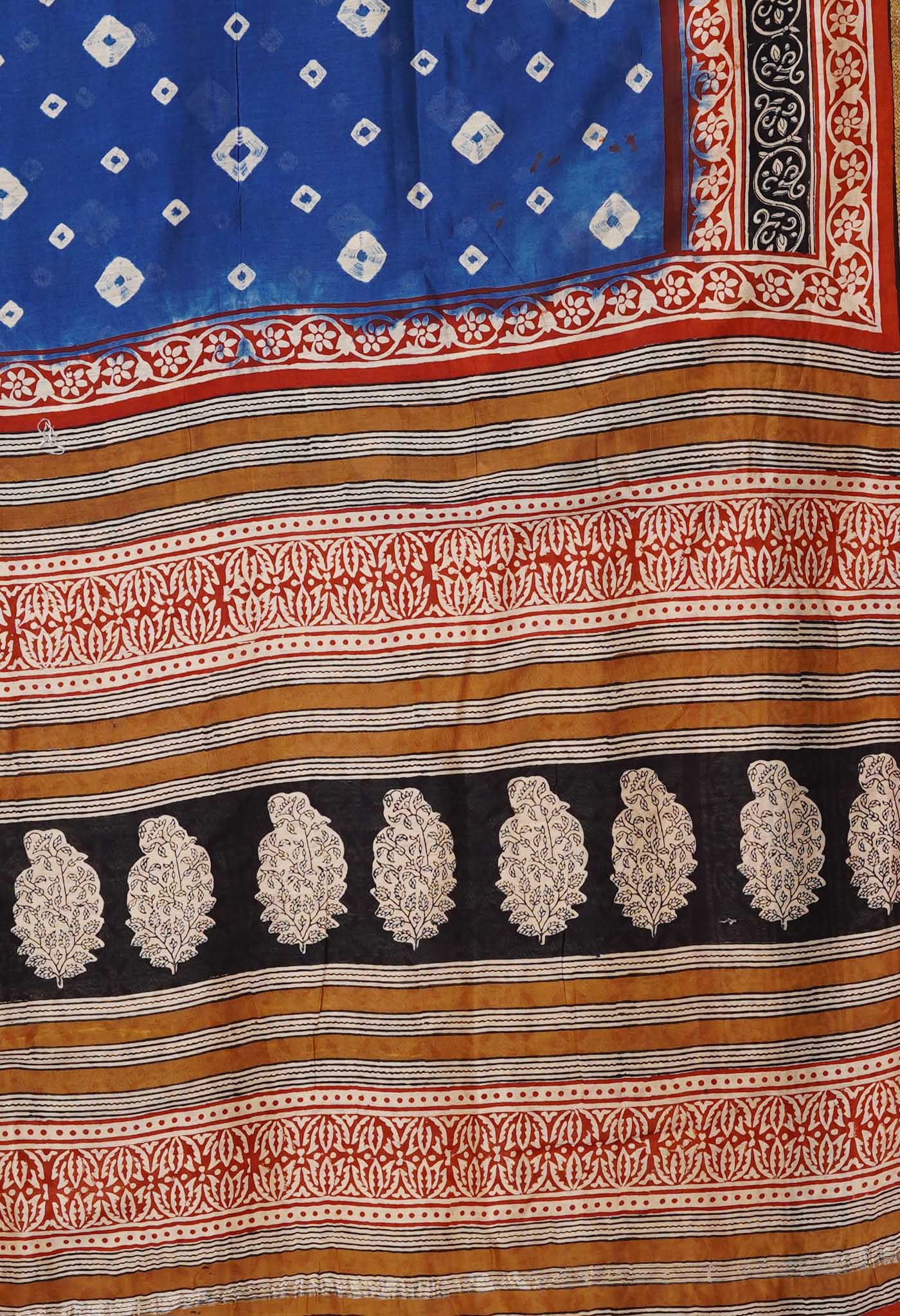 Blue Pure Bandhani Bagru Block Printed Chanderi Sico Saree-UNM79757