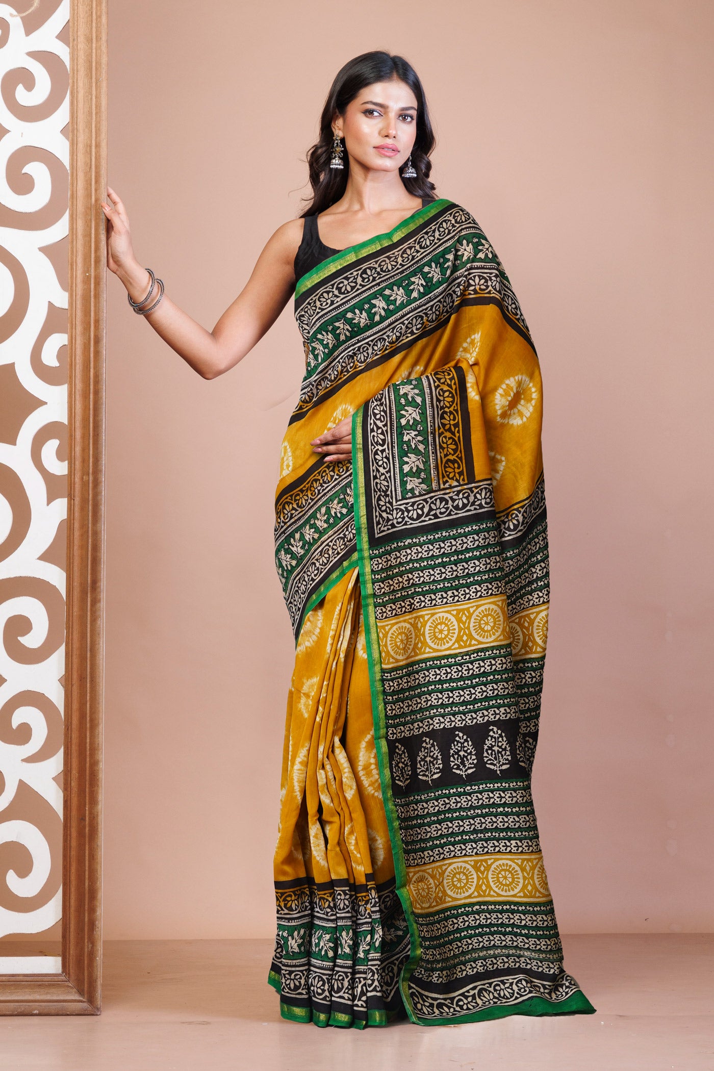 Yellow Pure Shibori Bagru Block Printed Chanderi Sico Saree-UNM79764