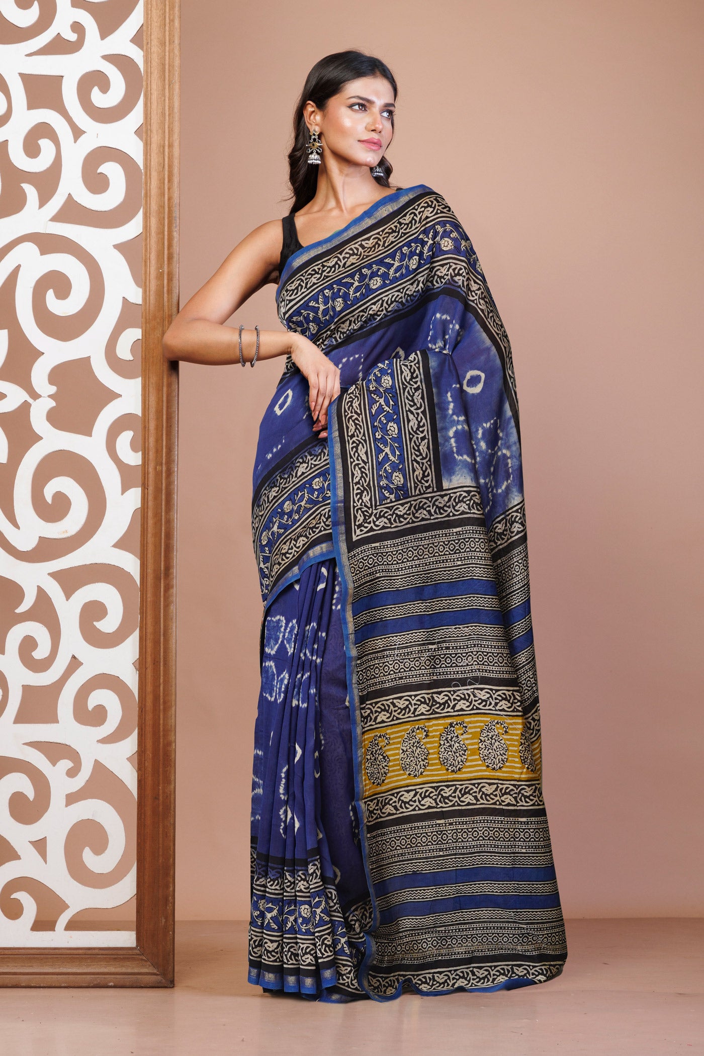 Blue Pure Shibori Bagru Block Printed Chanderi Sico Saree-UNM79770