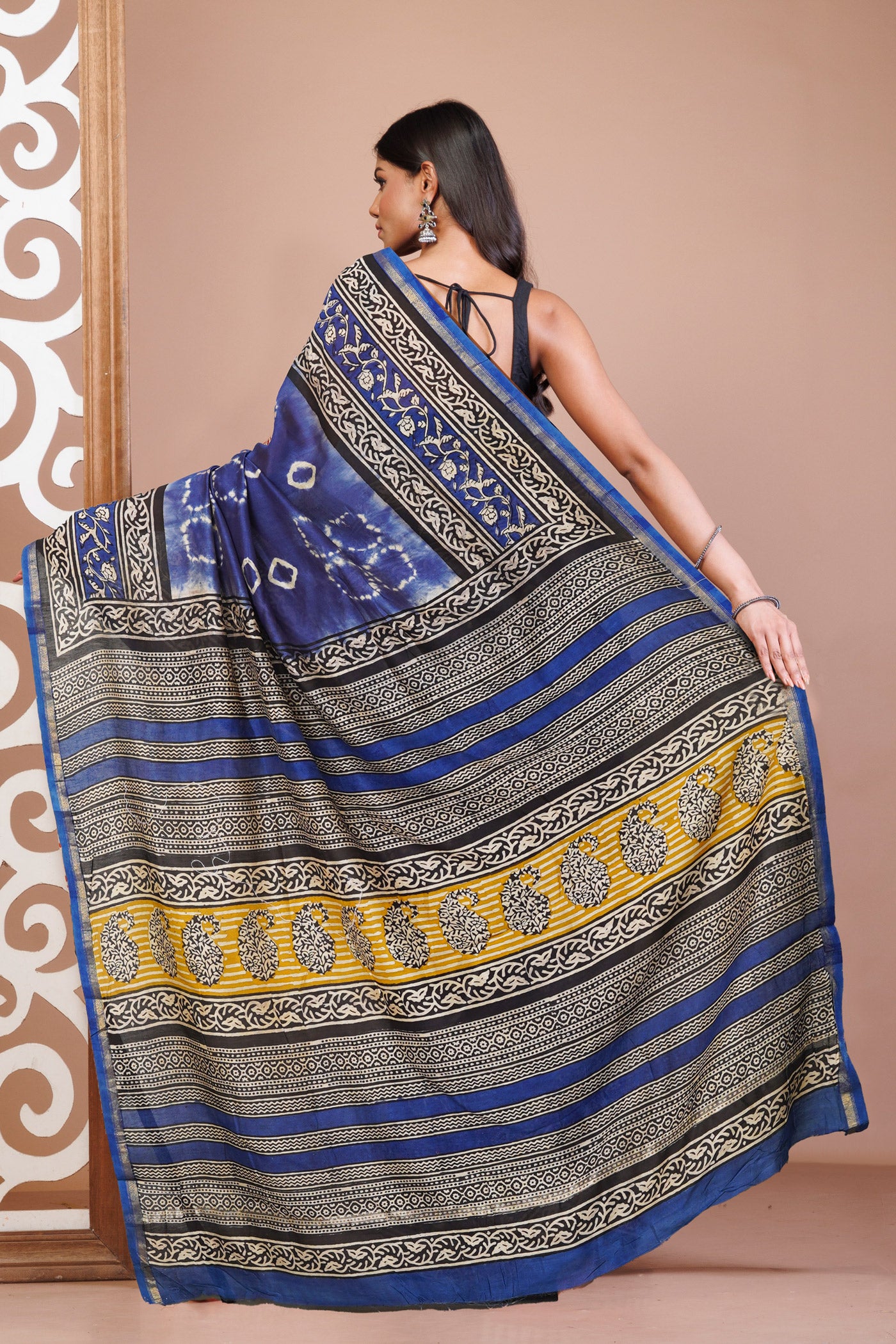 Blue Pure Shibori Bagru Block Printed Chanderi Sico Saree-UNM79770