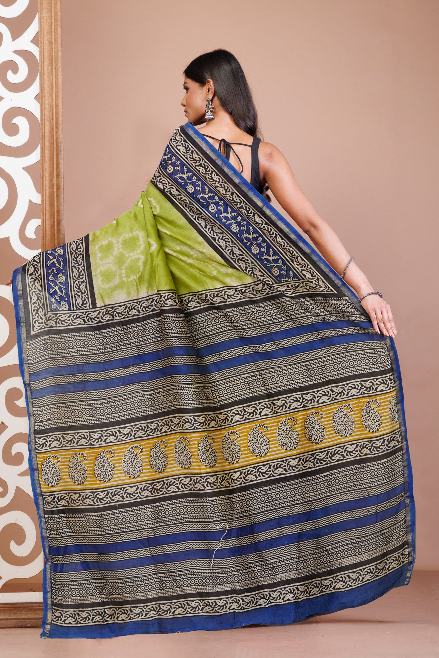 Green Pure Shibori Bagru Block Printed Chanderi Sico Saree-UNM79771