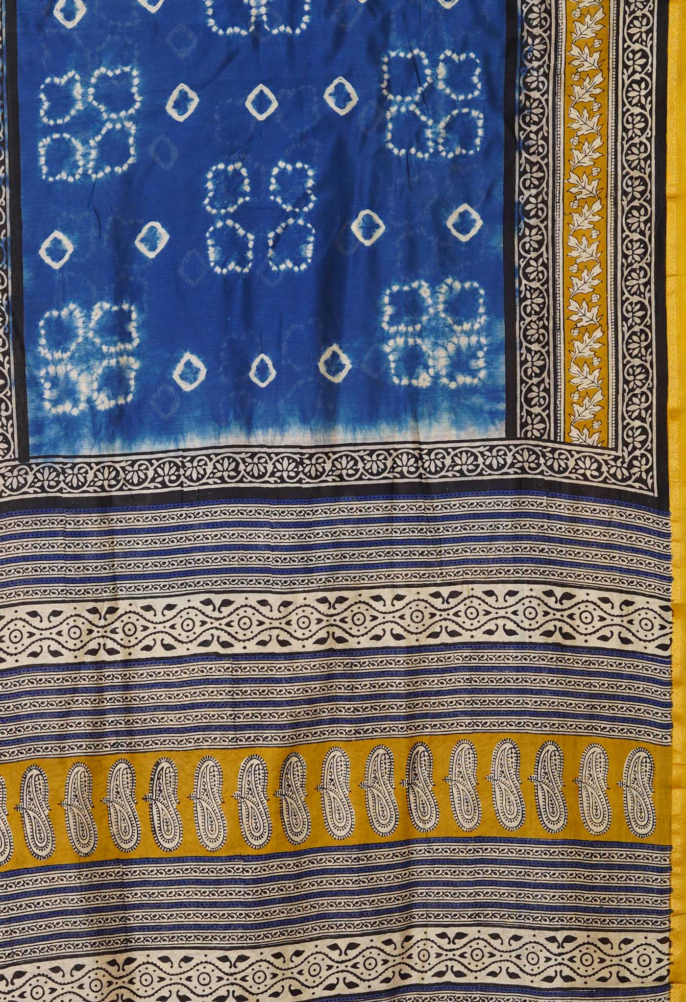 Blue Pure Shibori Bagru Block Printed Chanderi Sico Saree-UNM79773