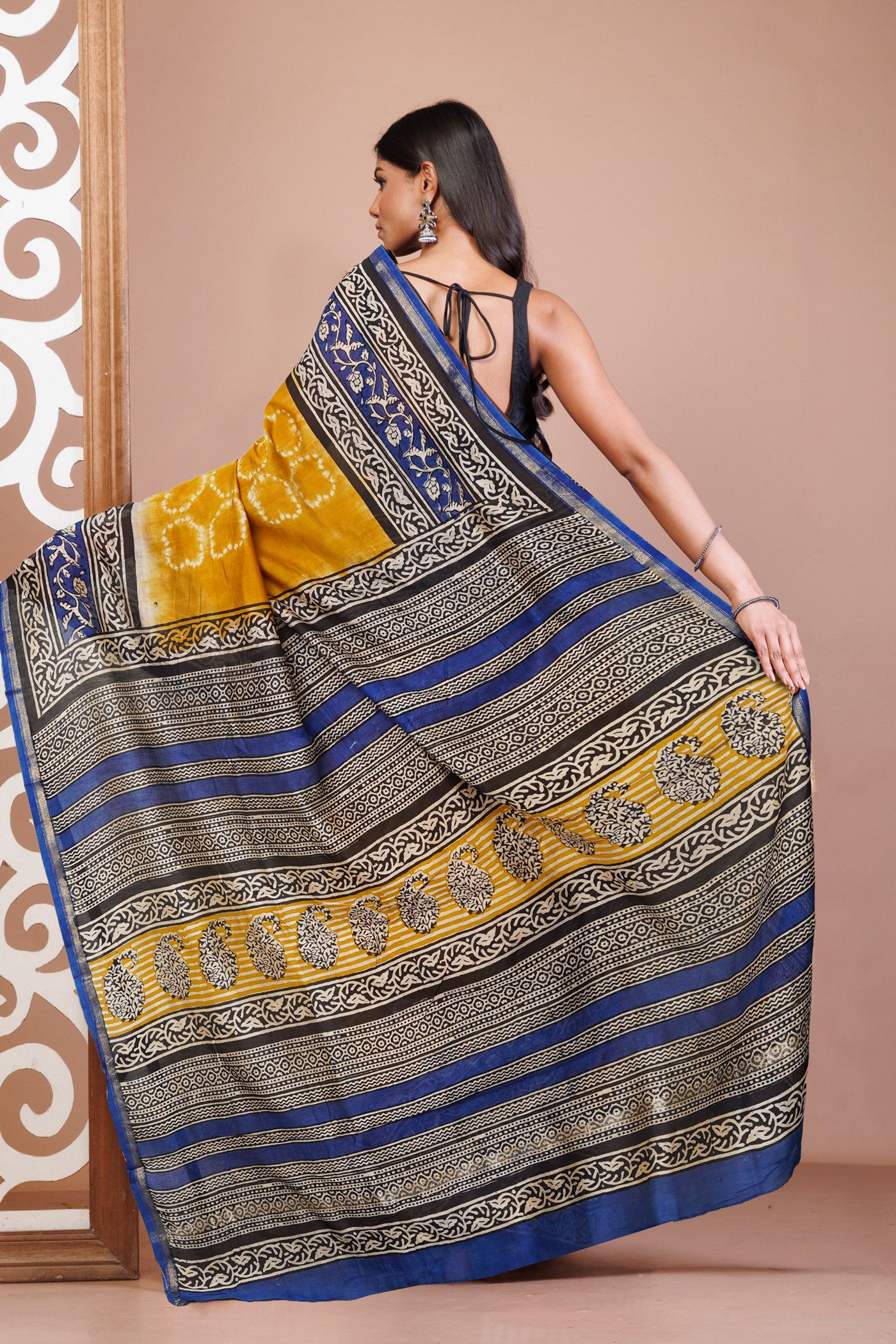 Yellow Pure Shibori Bagru Block Printed Chanderi Sico Saree-UNM79774