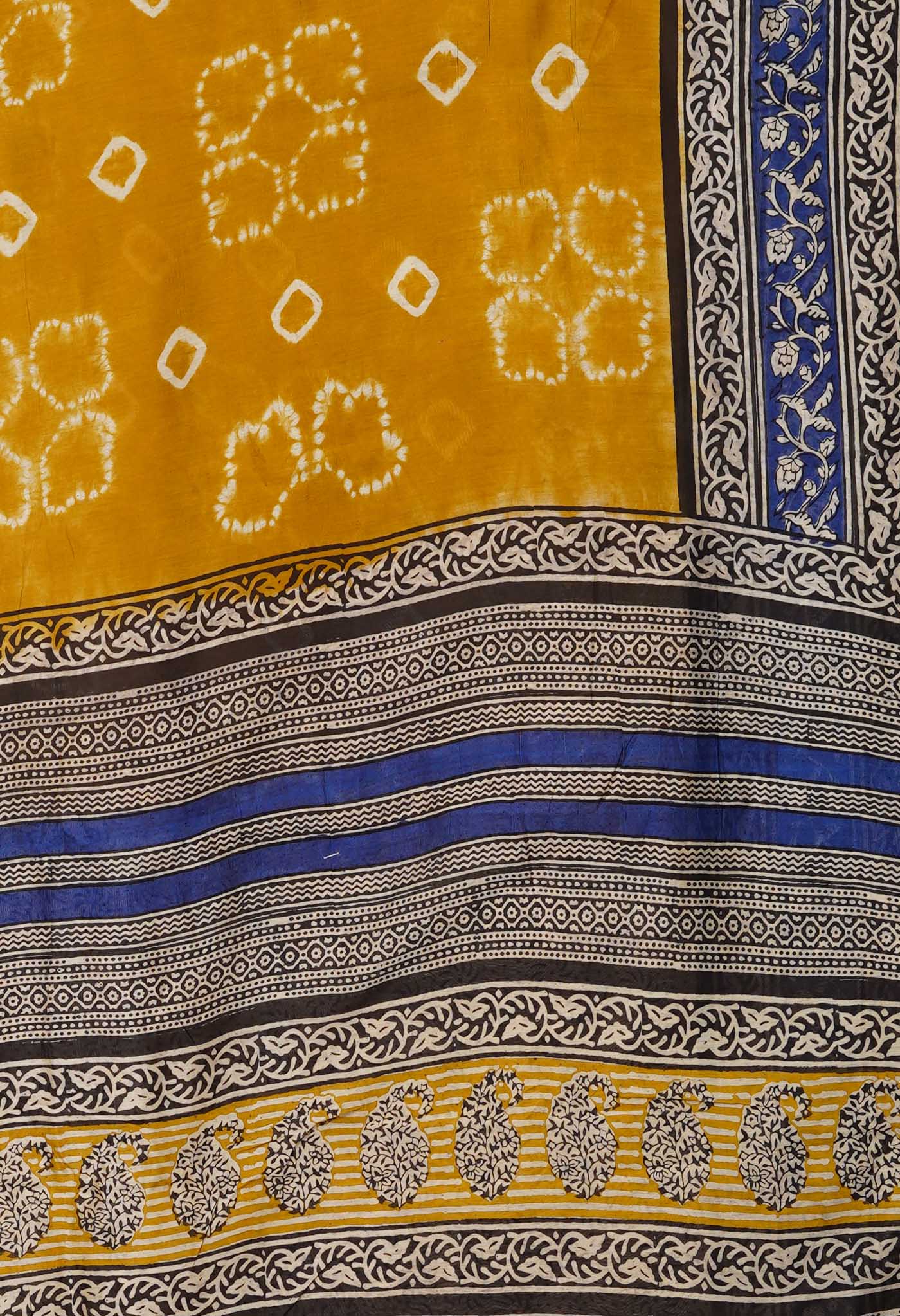 Yellow Pure Shibori Bagru Block Printed Chanderi Sico Saree-UNM79774