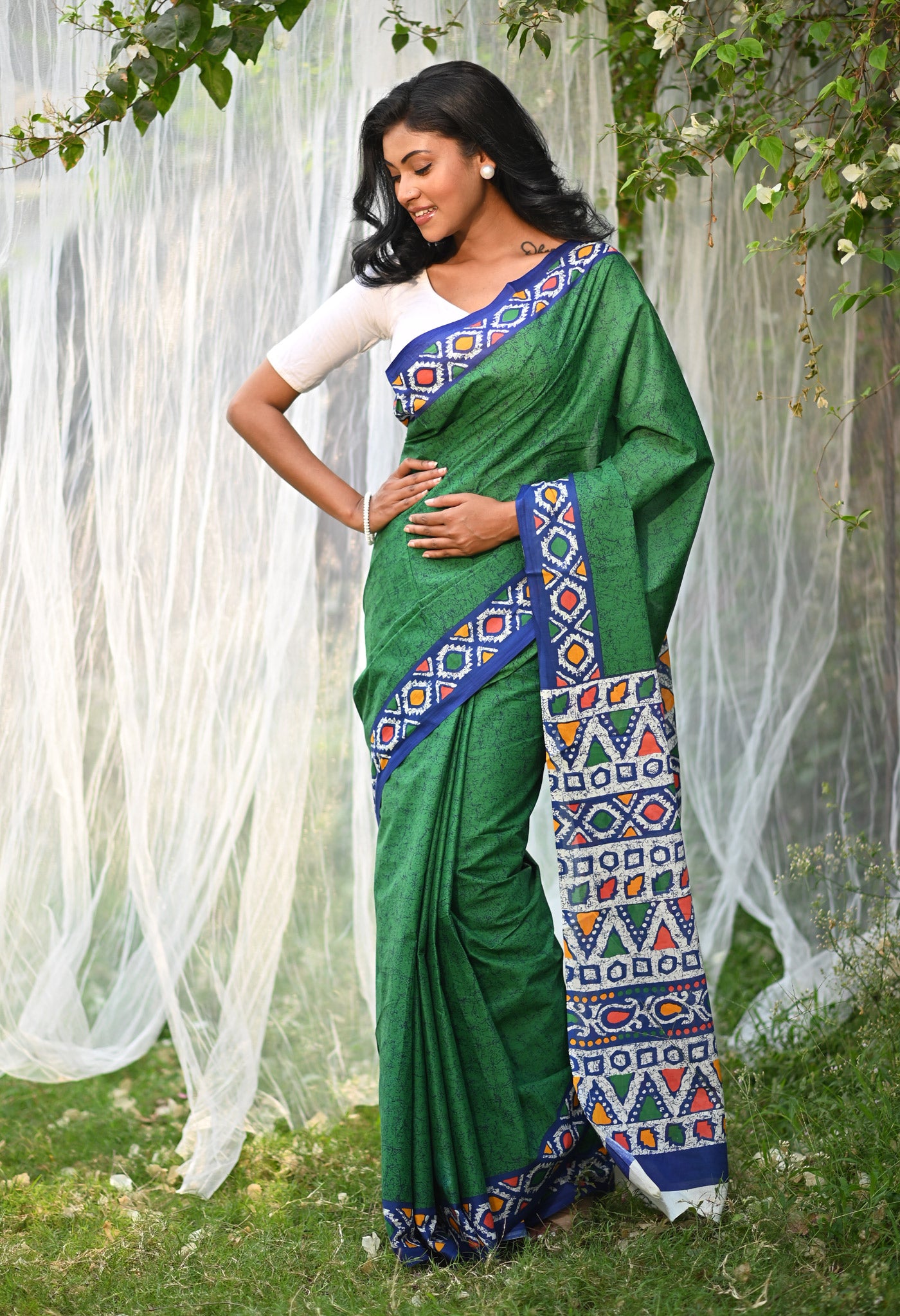 Green Pure Hand Block Printed Soft Cotton Saree-UNM79796