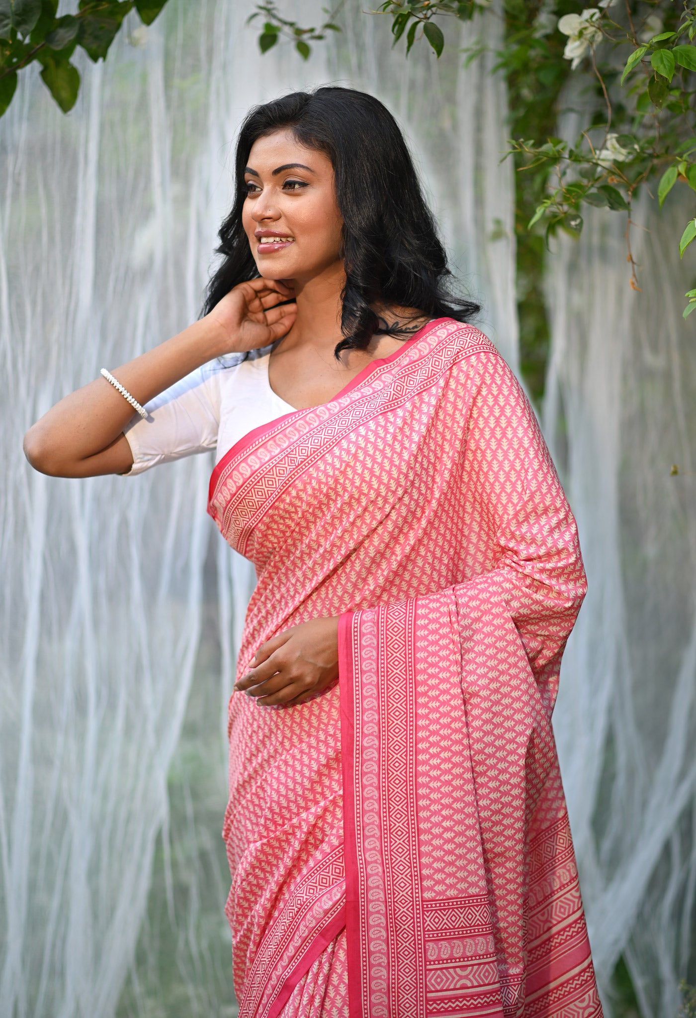 Pink Pure Hand Block Printed Soft Cotton Saree-UNM79797