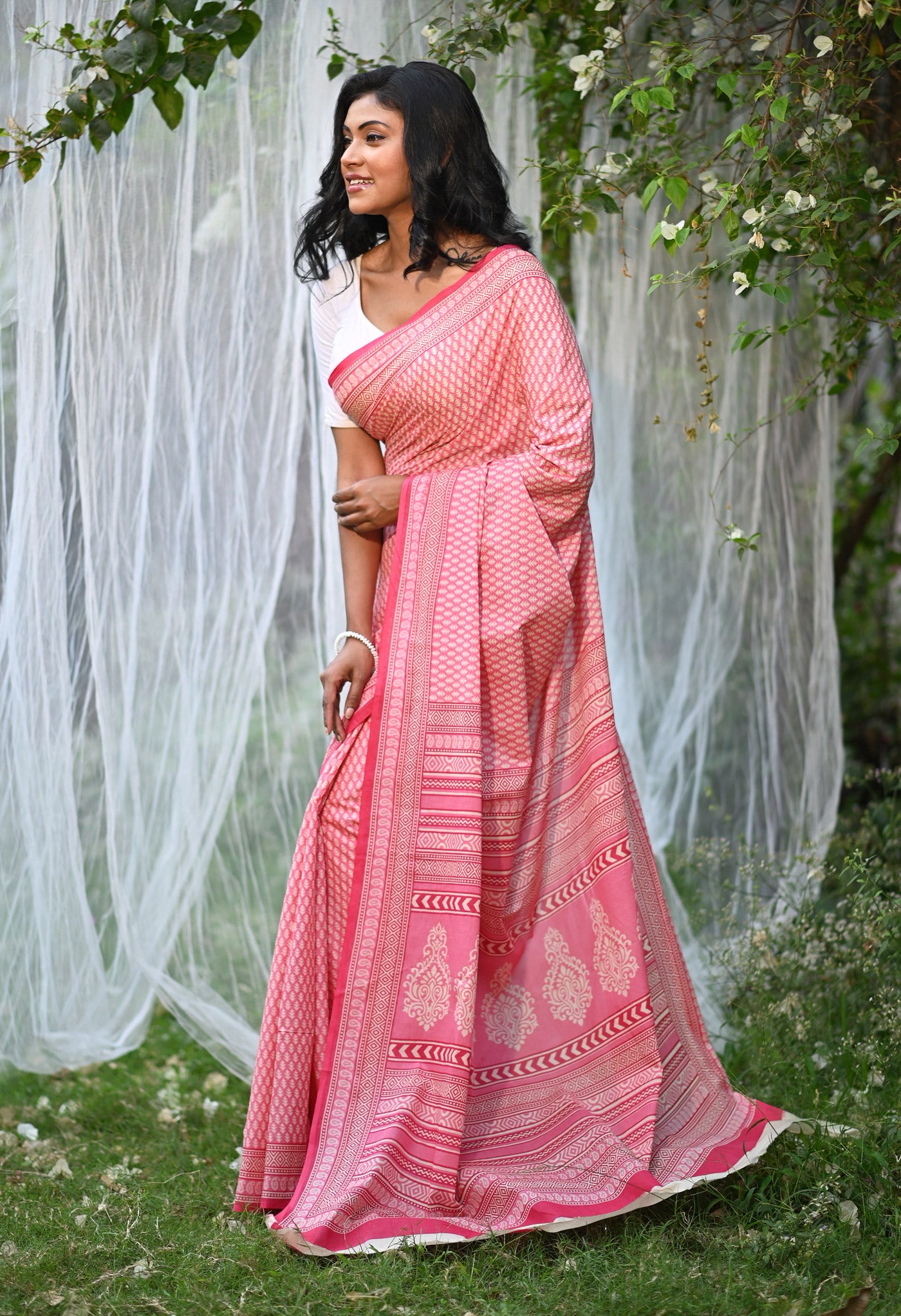 Pink Pure Hand Block Printed Soft Cotton Saree-UNM79797