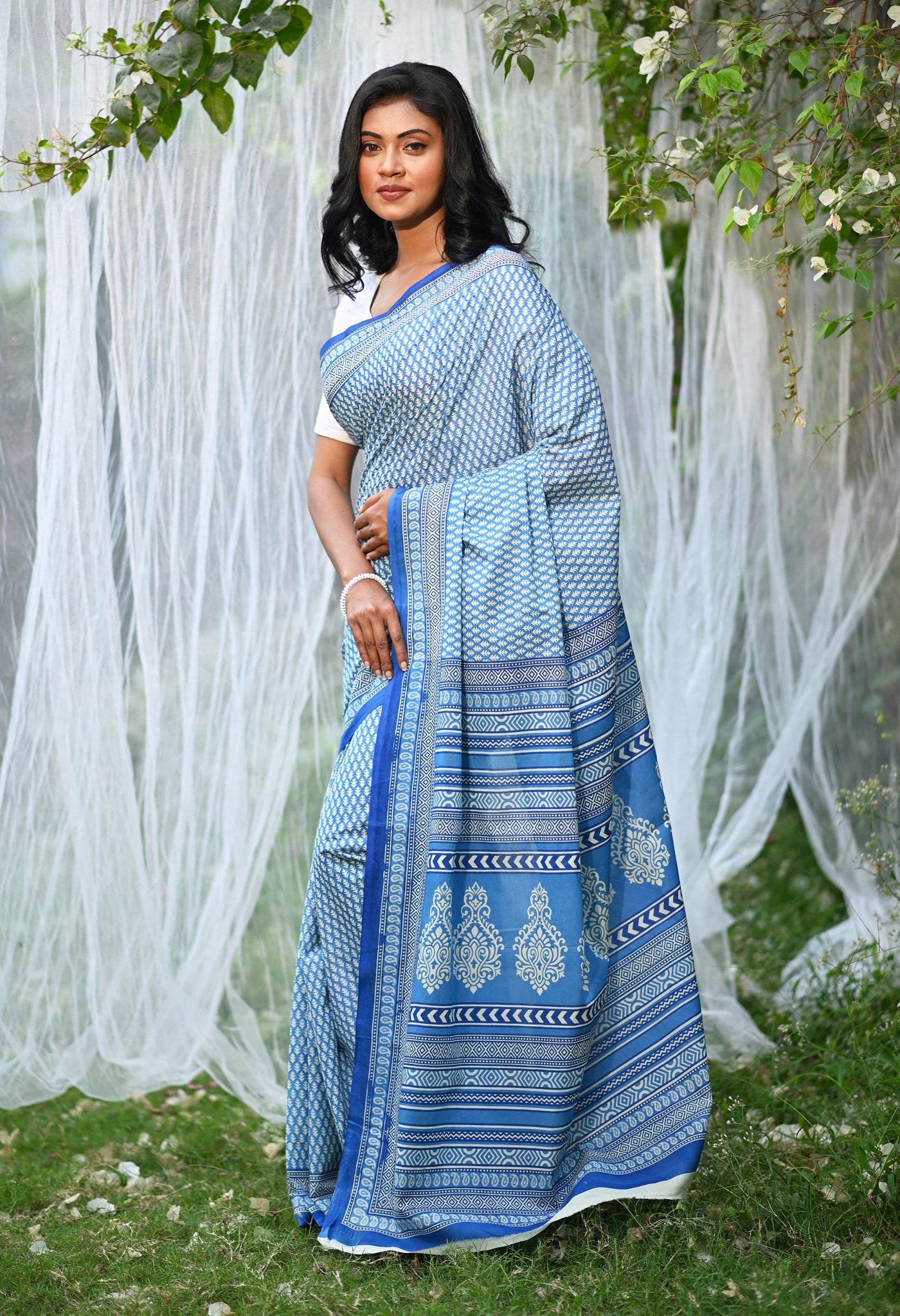 Blue Pure Hand Block Printed Soft Cotton Saree-UNM79798