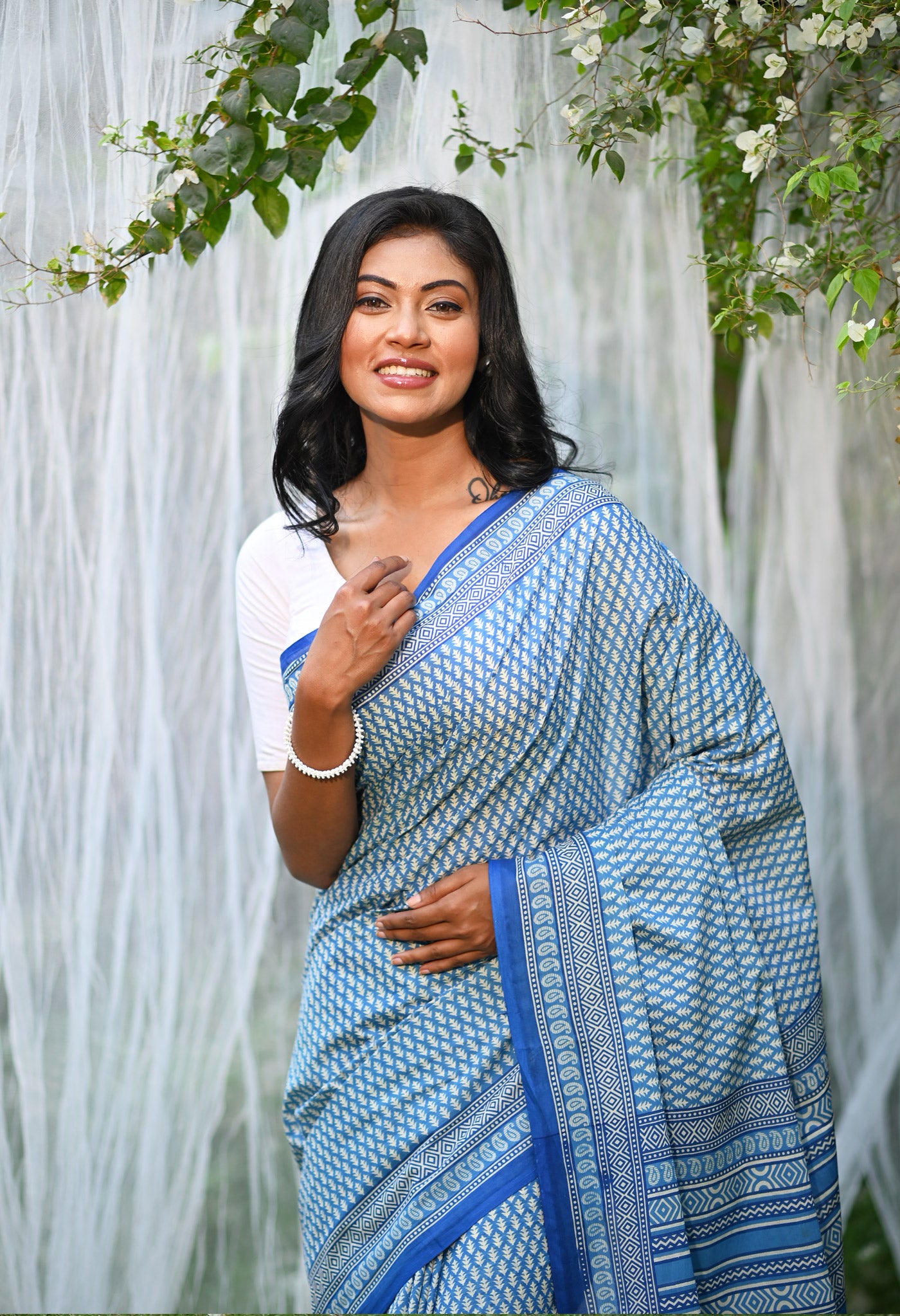 Blue Pure Hand Block Printed Soft Cotton Saree-UNM79798