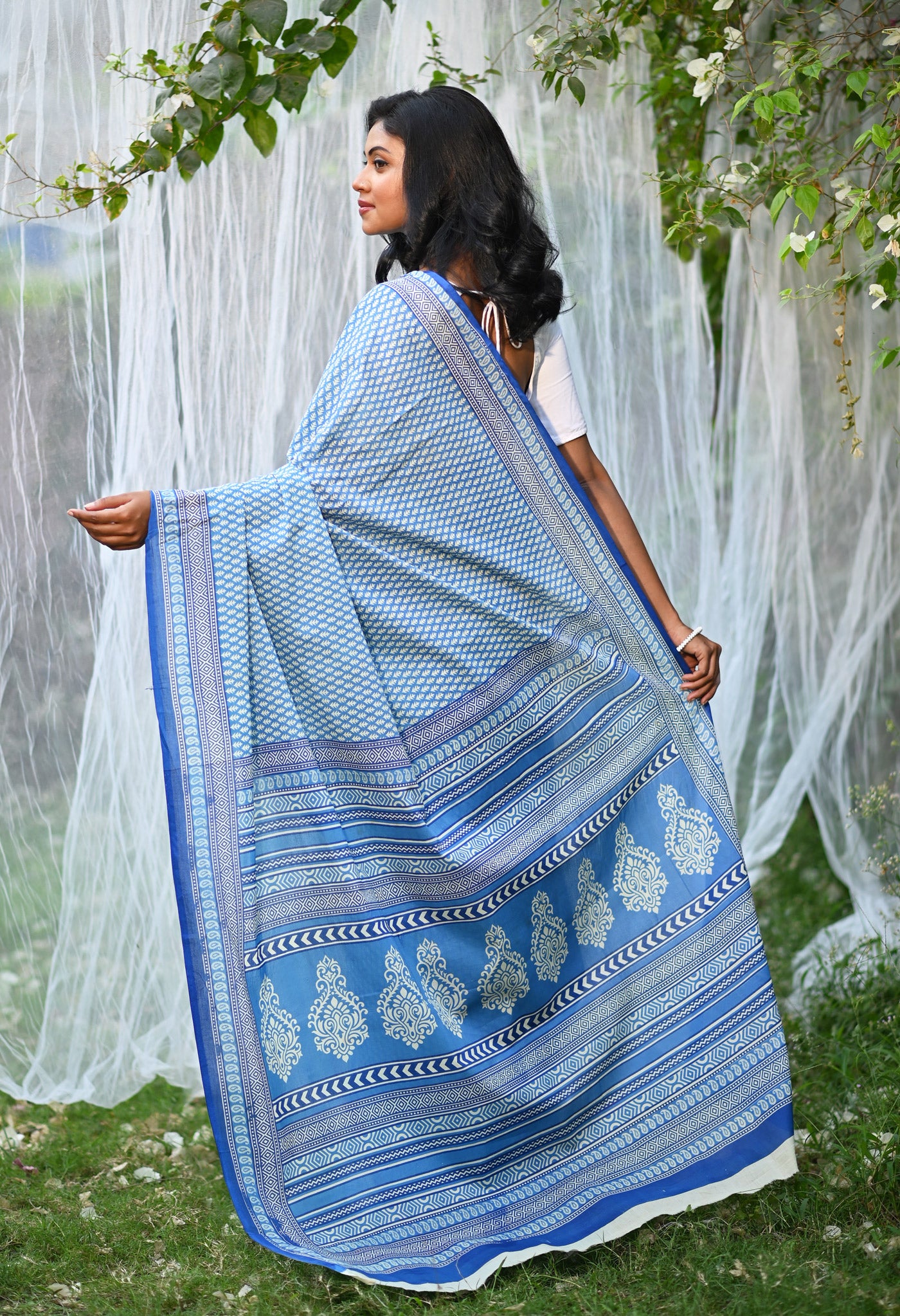 Blue Pure Hand Block Printed Soft Cotton Saree-UNM79798