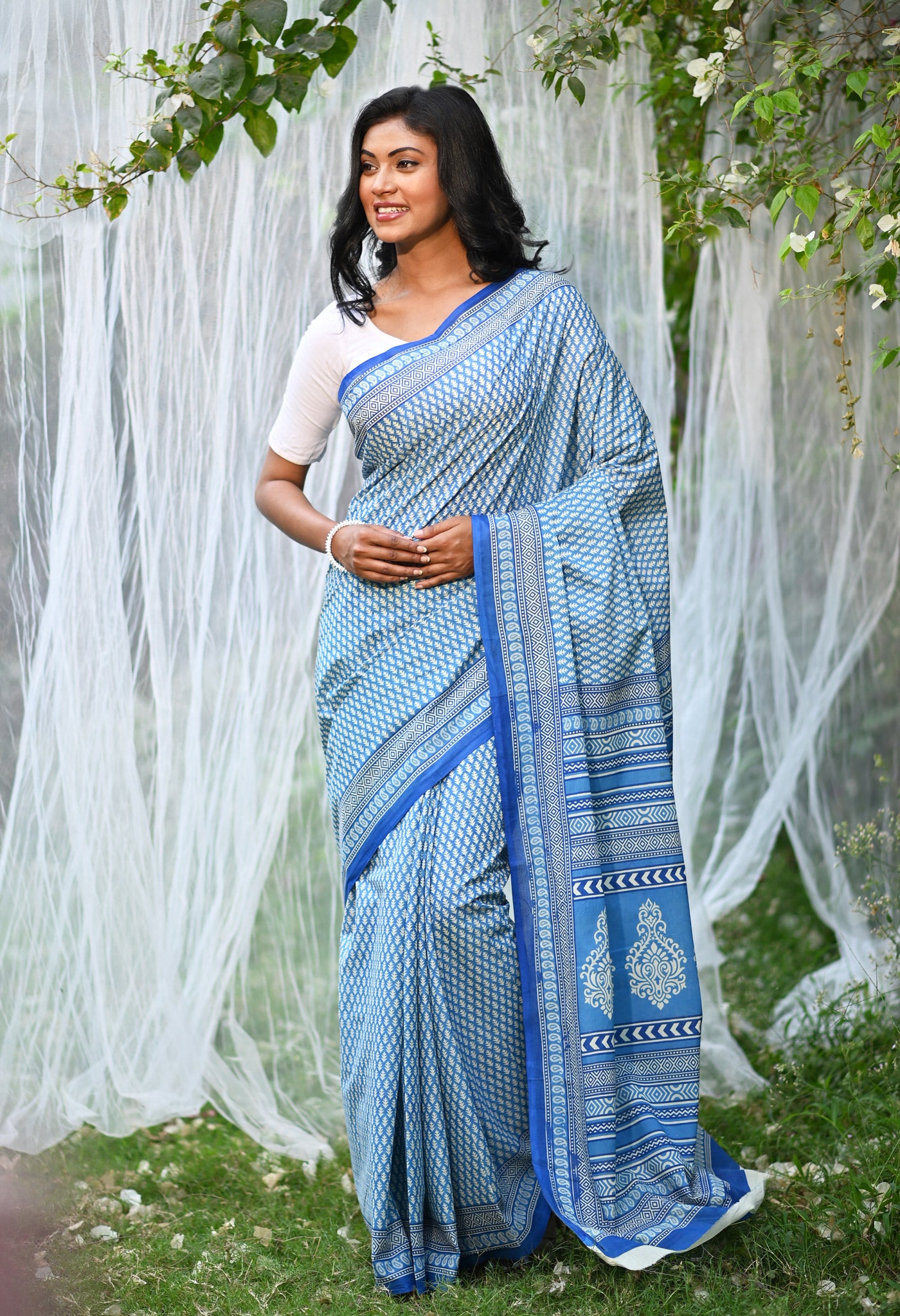 Blue Pure Hand Block Printed Soft Cotton Saree-UNM79798