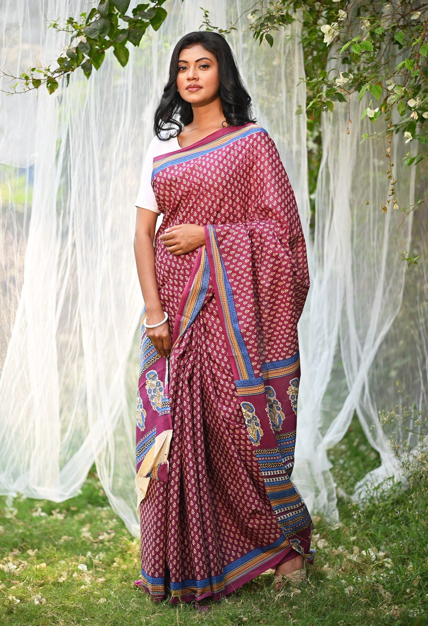 Dark Purple Pure Hand Block Printed Soft Cotton Saree-UNM79799