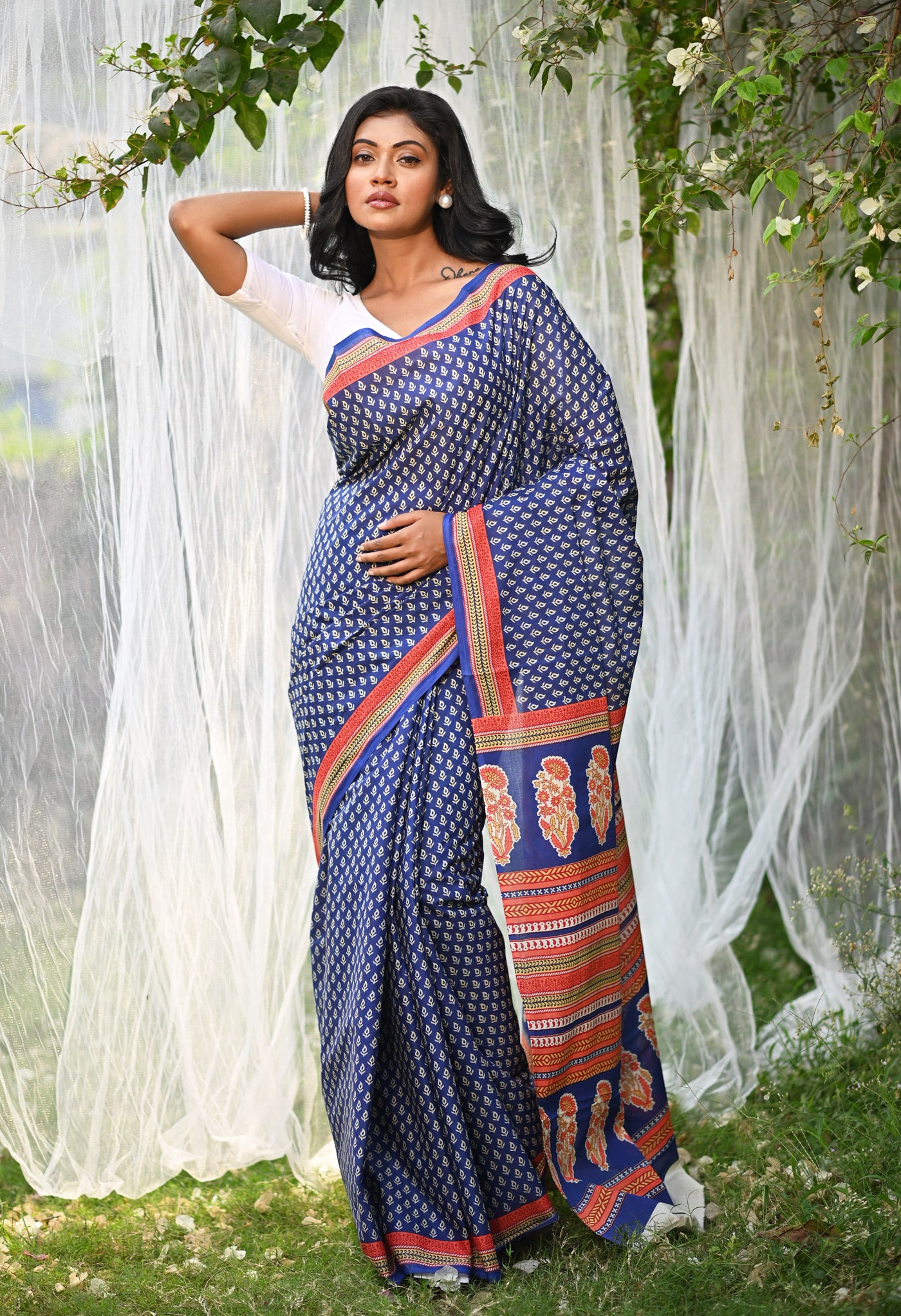 Navy Blue Pure Hand Block Printed Soft Cotton Saree-UNM79800