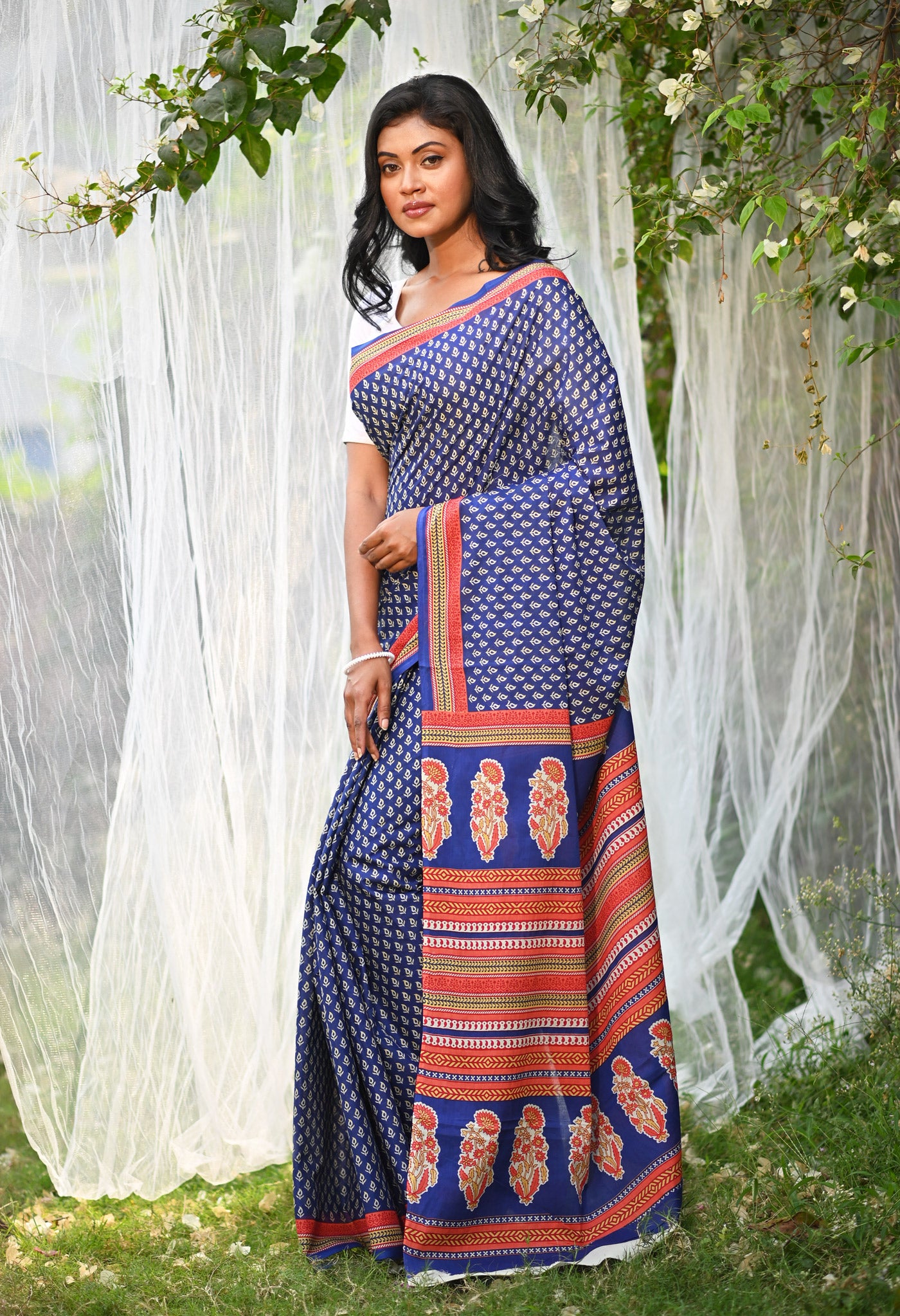 Navy Blue Pure Hand Block Printed Soft Cotton Saree-UNM79800