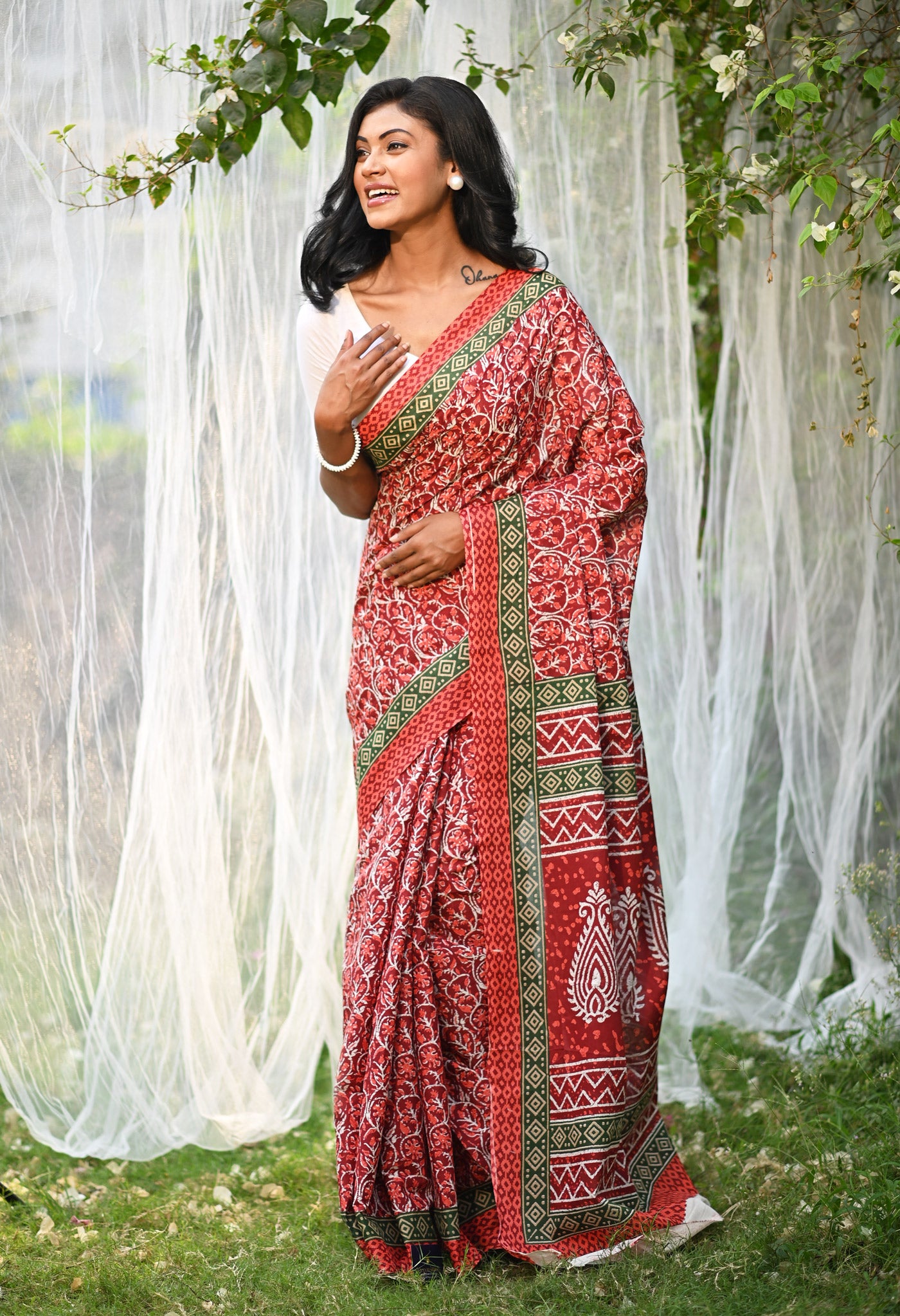 Red Pure Hand Block Printed Soft Cotton Saree-UNM79801