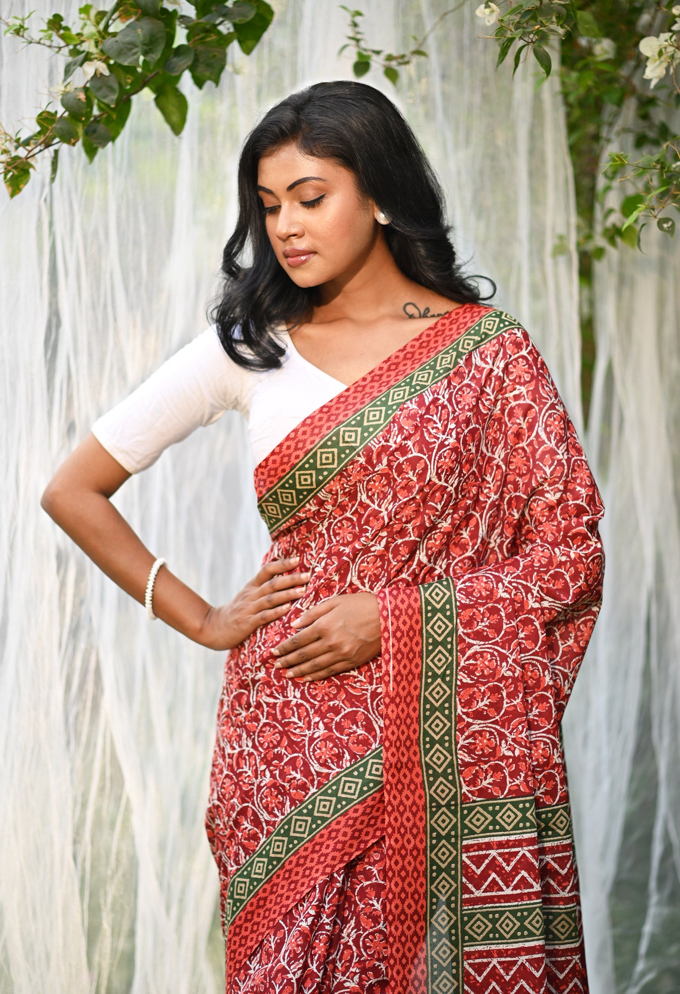 Red Pure Hand Block Printed Soft Cotton Saree-UNM79801