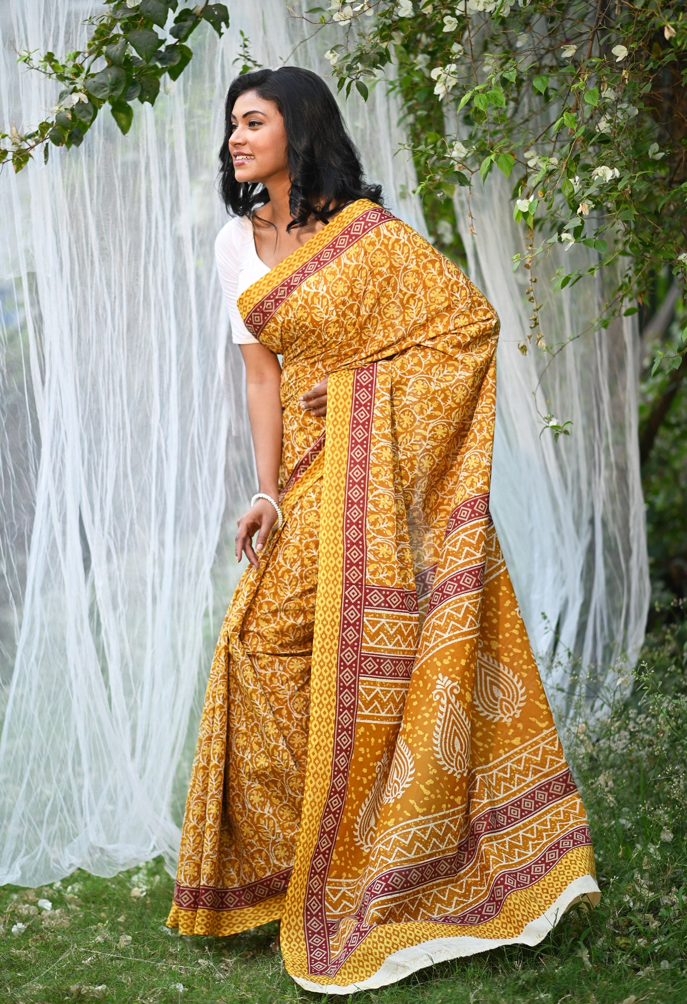 Yellow Pure Hand Block Printed Soft Cotton Saree-UNM79802