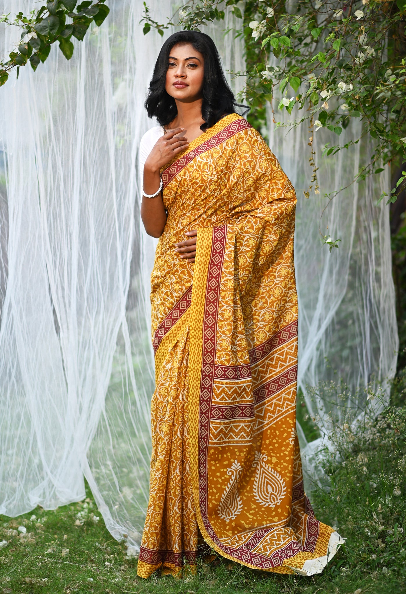 Yellow Pure Hand Block Printed Soft Cotton Saree-UNM79802