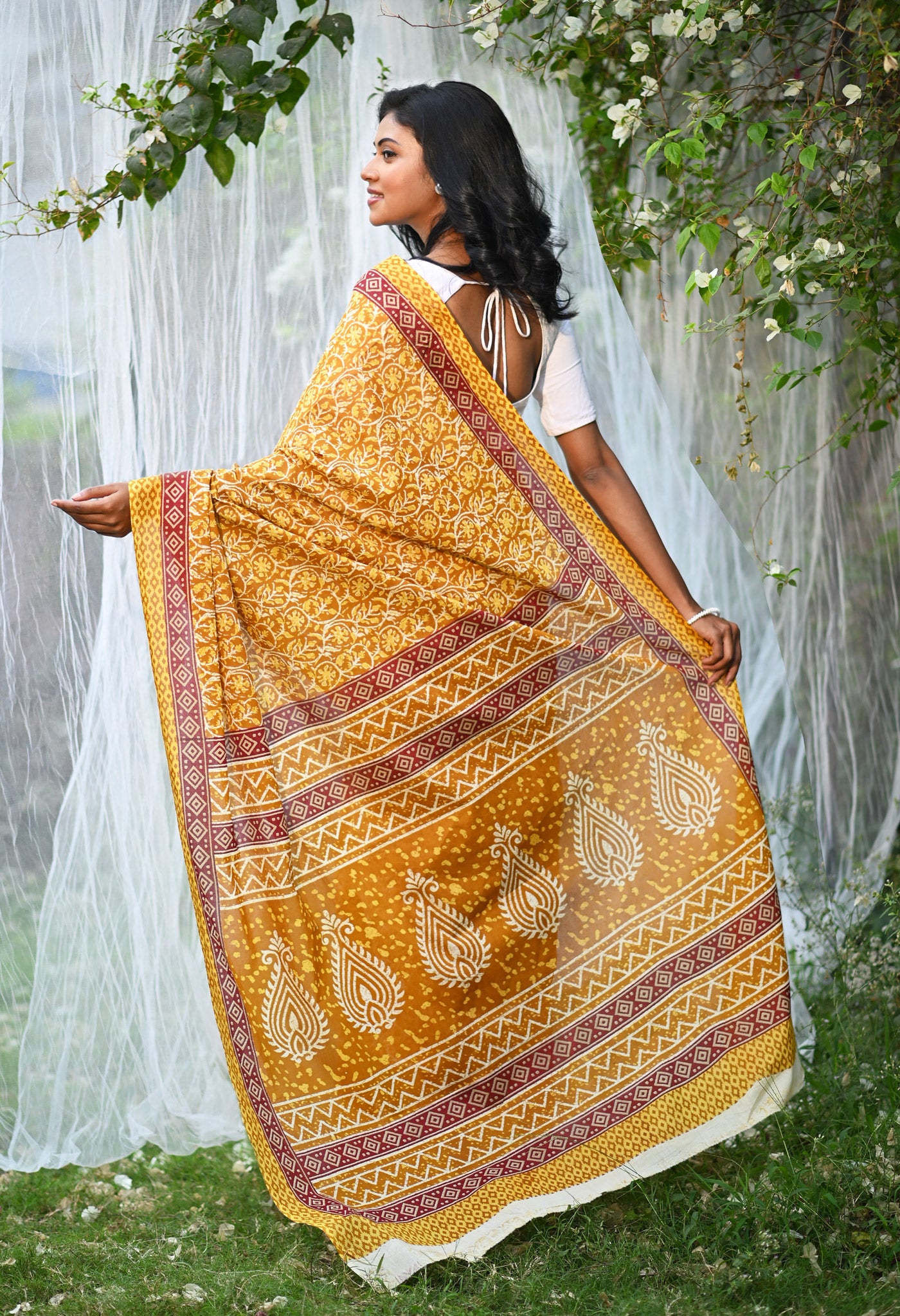 Yellow Pure Hand Block Printed Soft Cotton Saree-UNM79802