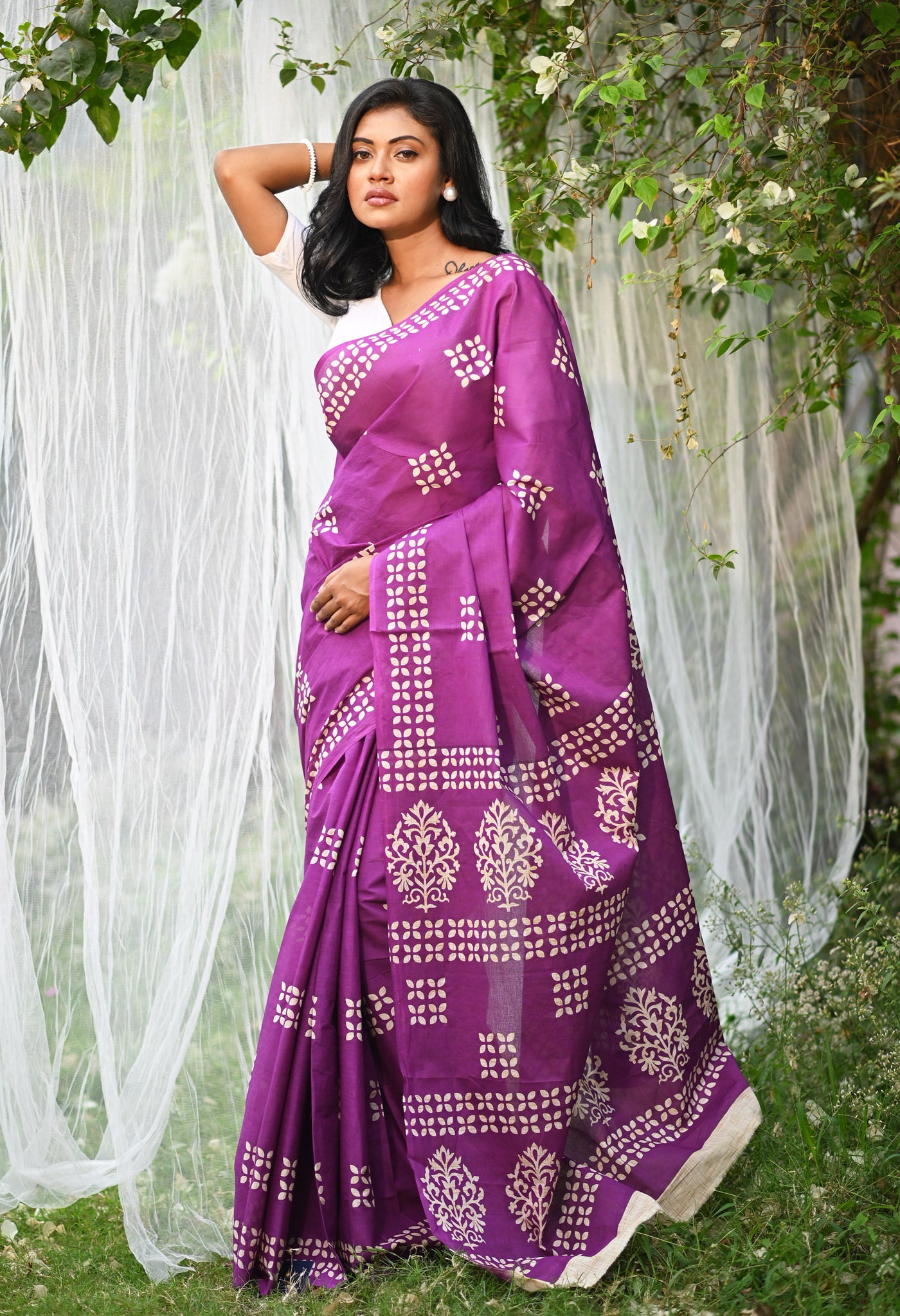 Purple Pure Hand Block Printed Soft Cotton Saree-UNM79803