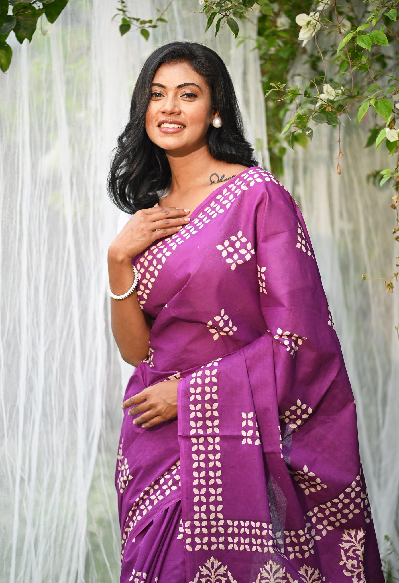 Purple Pure Hand Block Printed Soft Cotton Saree-UNM79803