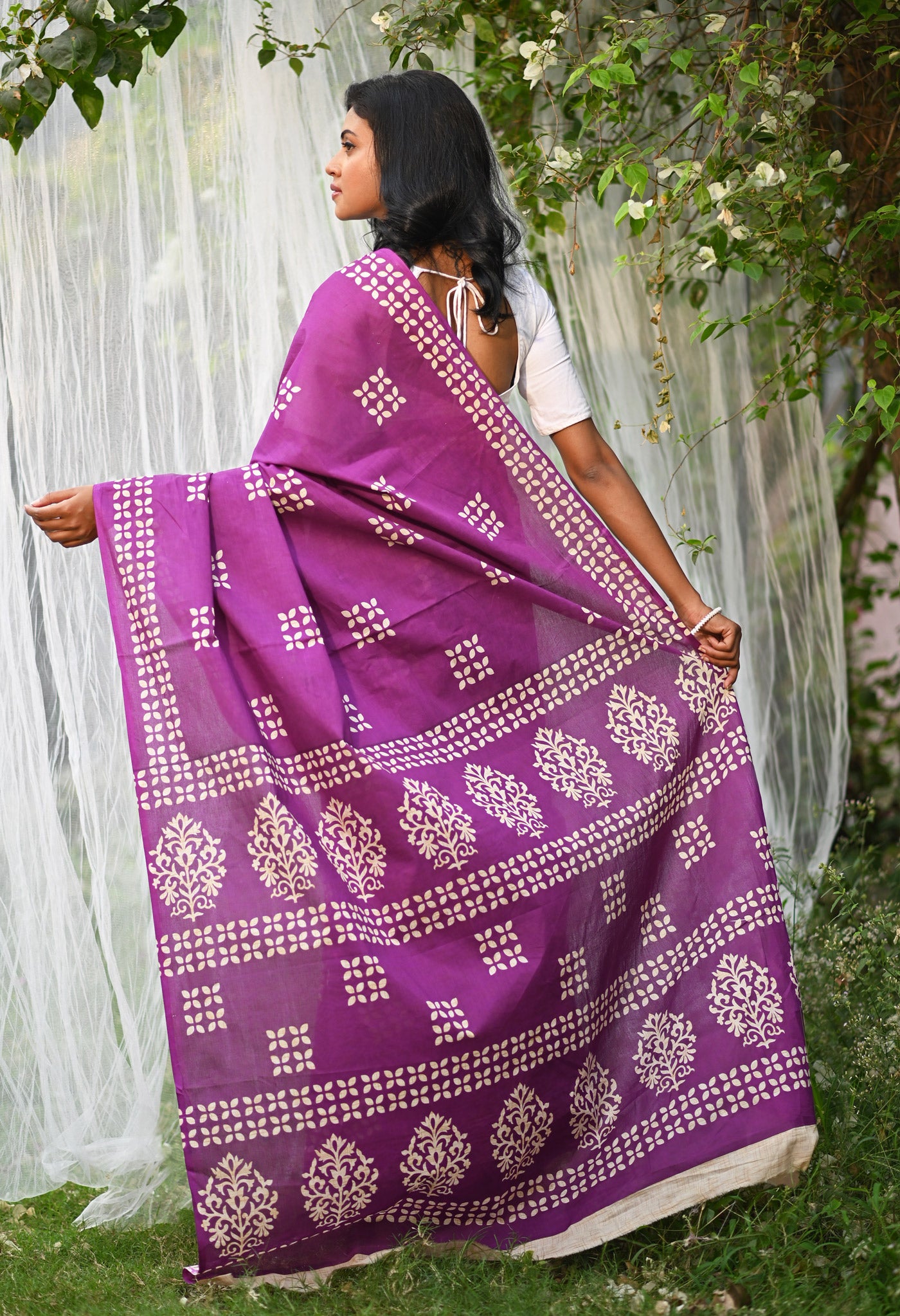 Purple Pure Hand Block Printed Soft Cotton Saree-UNM79803