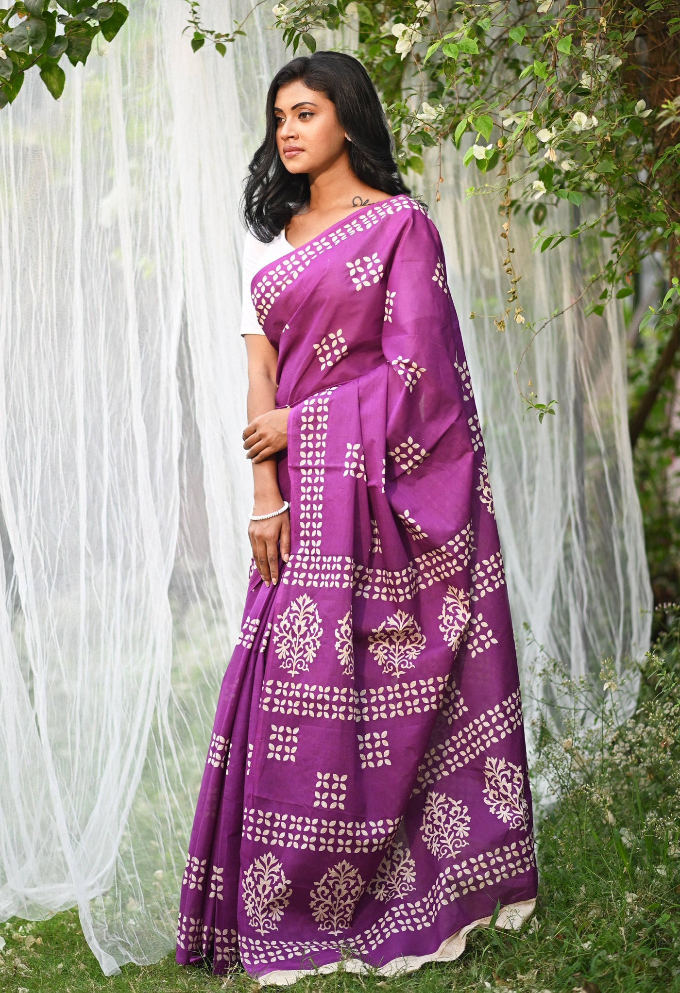 Purple Pure Hand Block Printed Soft Cotton Saree-UNM79803