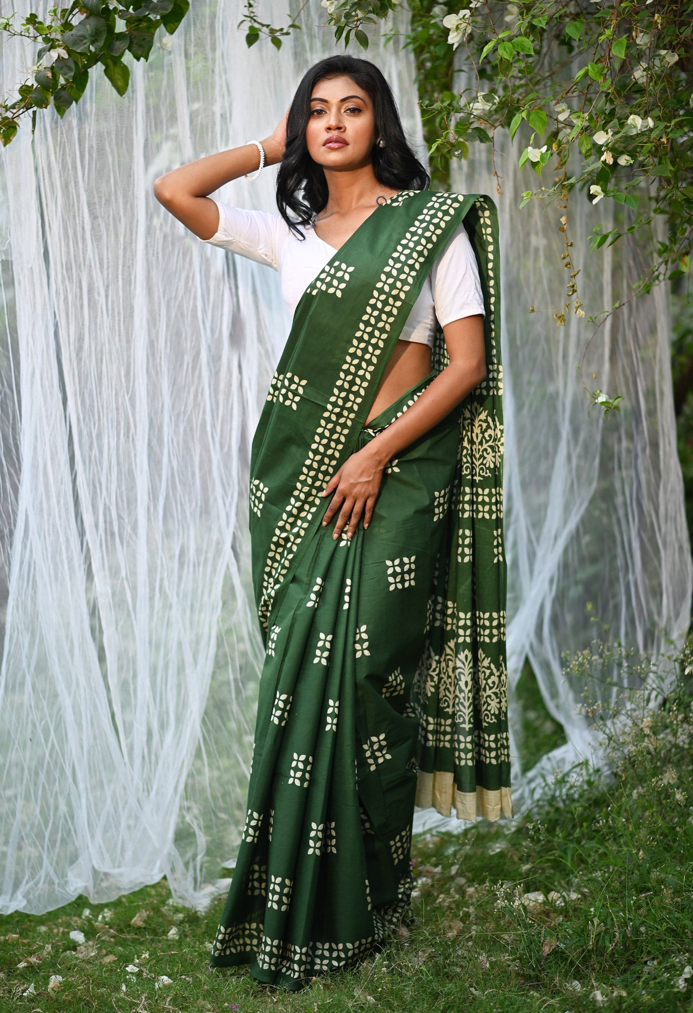 Green Pure Hand Block Printed Soft Cotton Saree-UNM79804