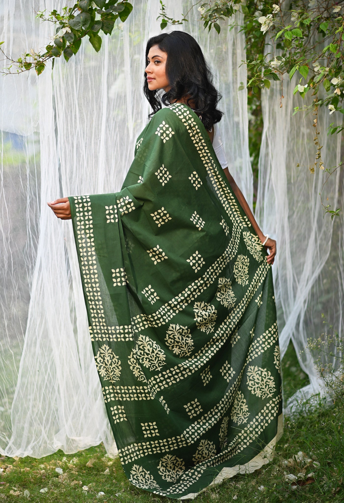 Green Pure Hand Block Printed Soft Cotton Saree-UNM79804