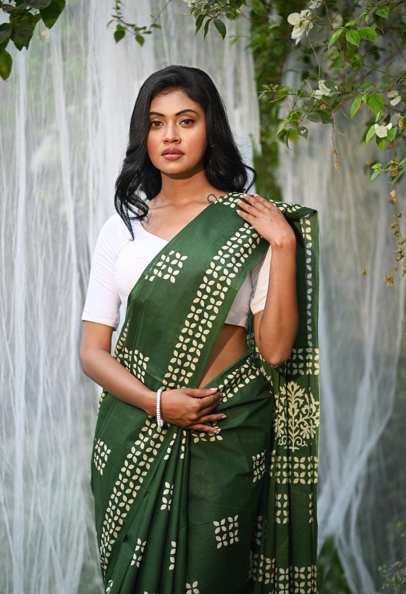 Green Pure Hand Block Printed Soft Cotton Saree-UNM79804