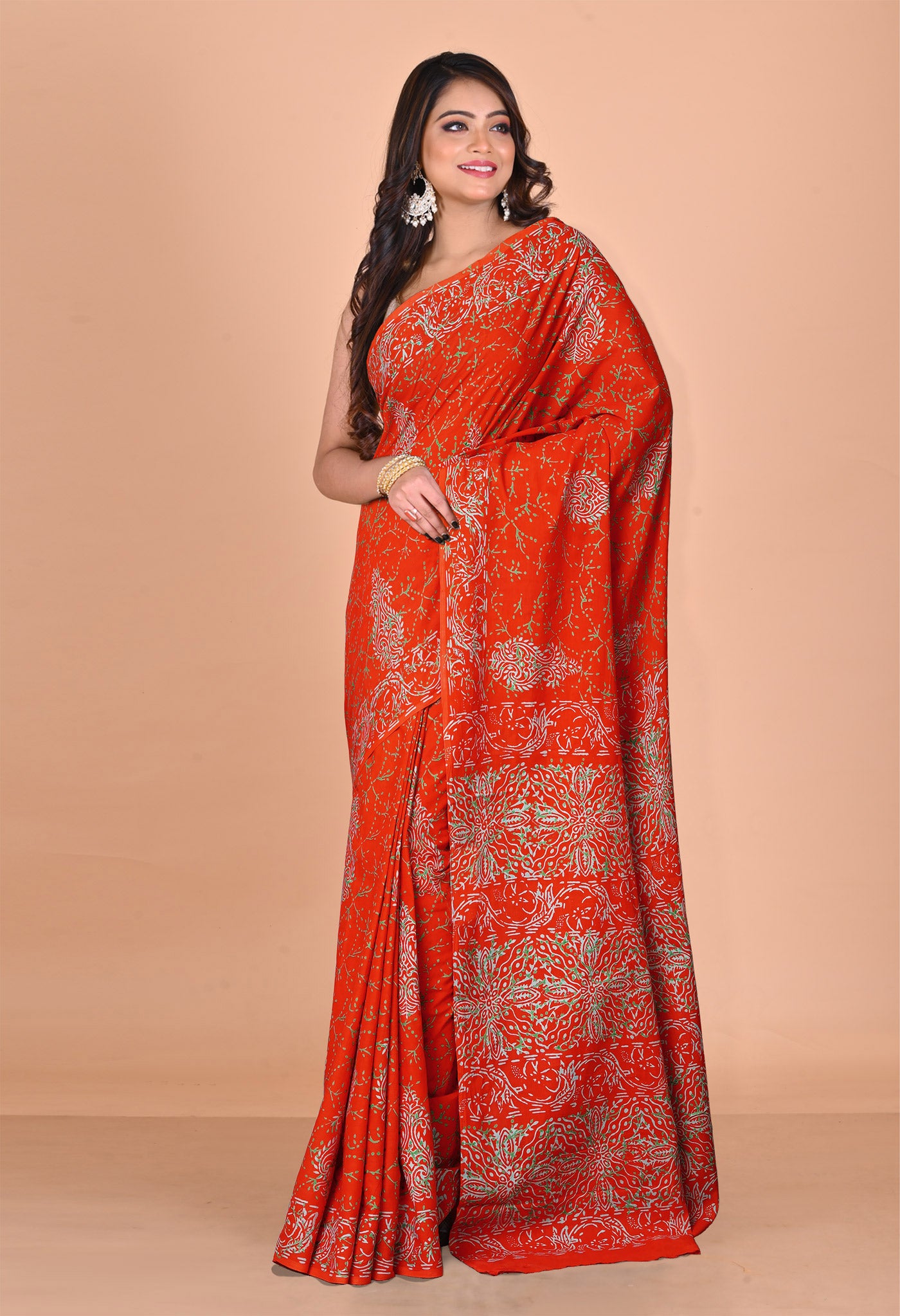 Red Pure Napthol Hand Block Pinted Soft Cotton Saree-UNM79805