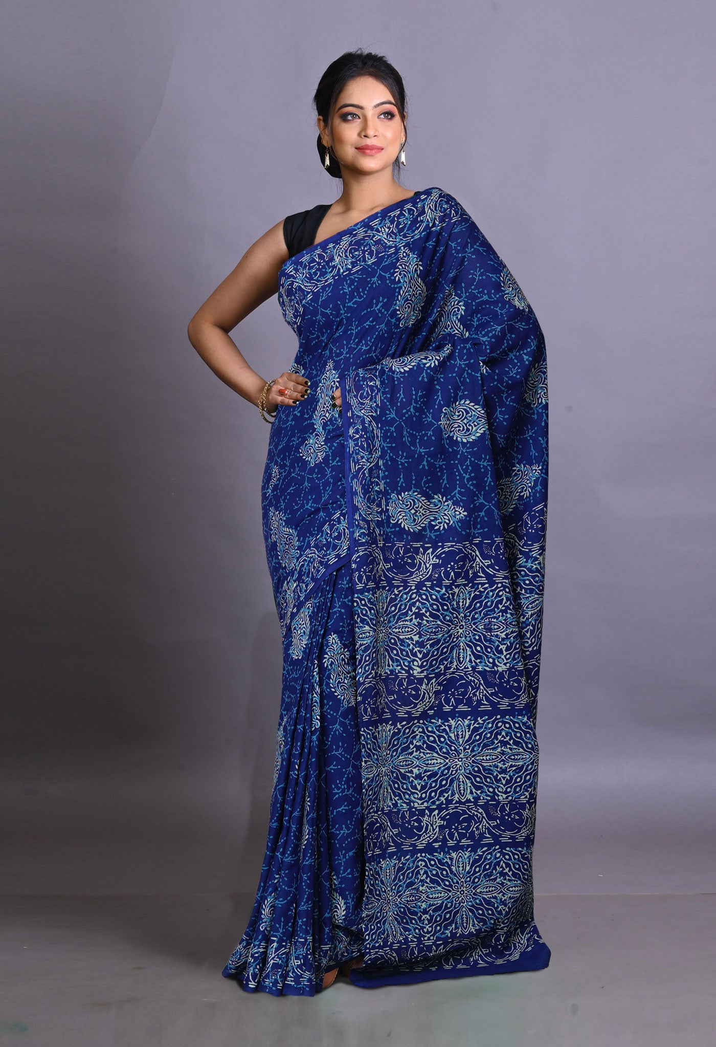 Navy Blue Pure Napthol Hand Block Pinted Soft Cotton Saree-UNM79806