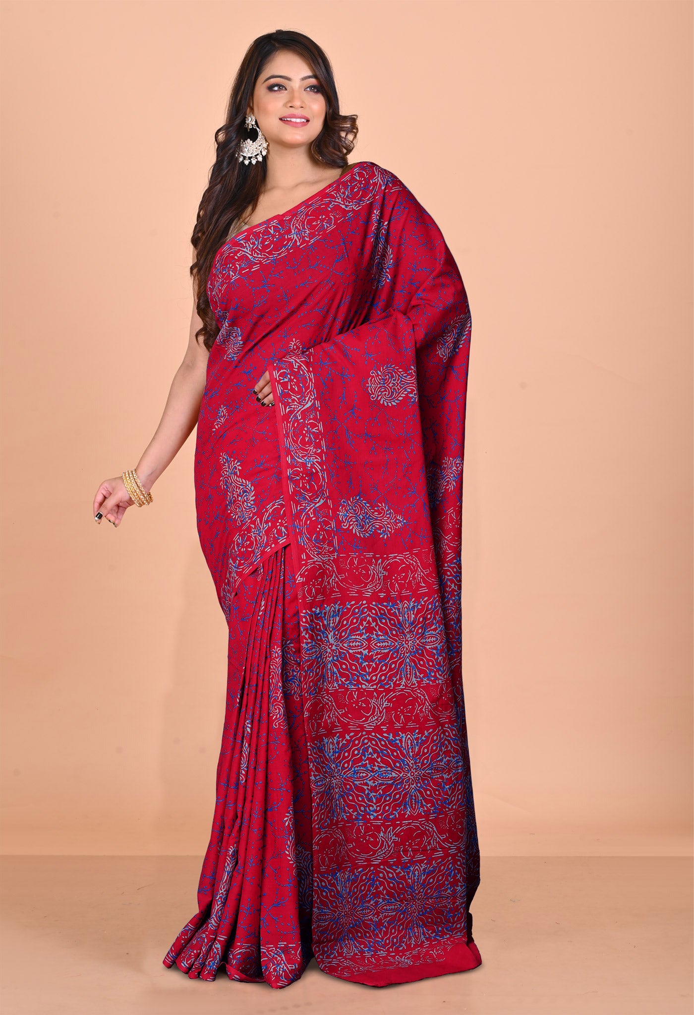 Red Pure Napthol Hand Block Pinted Soft Cotton Saree-UNM79807