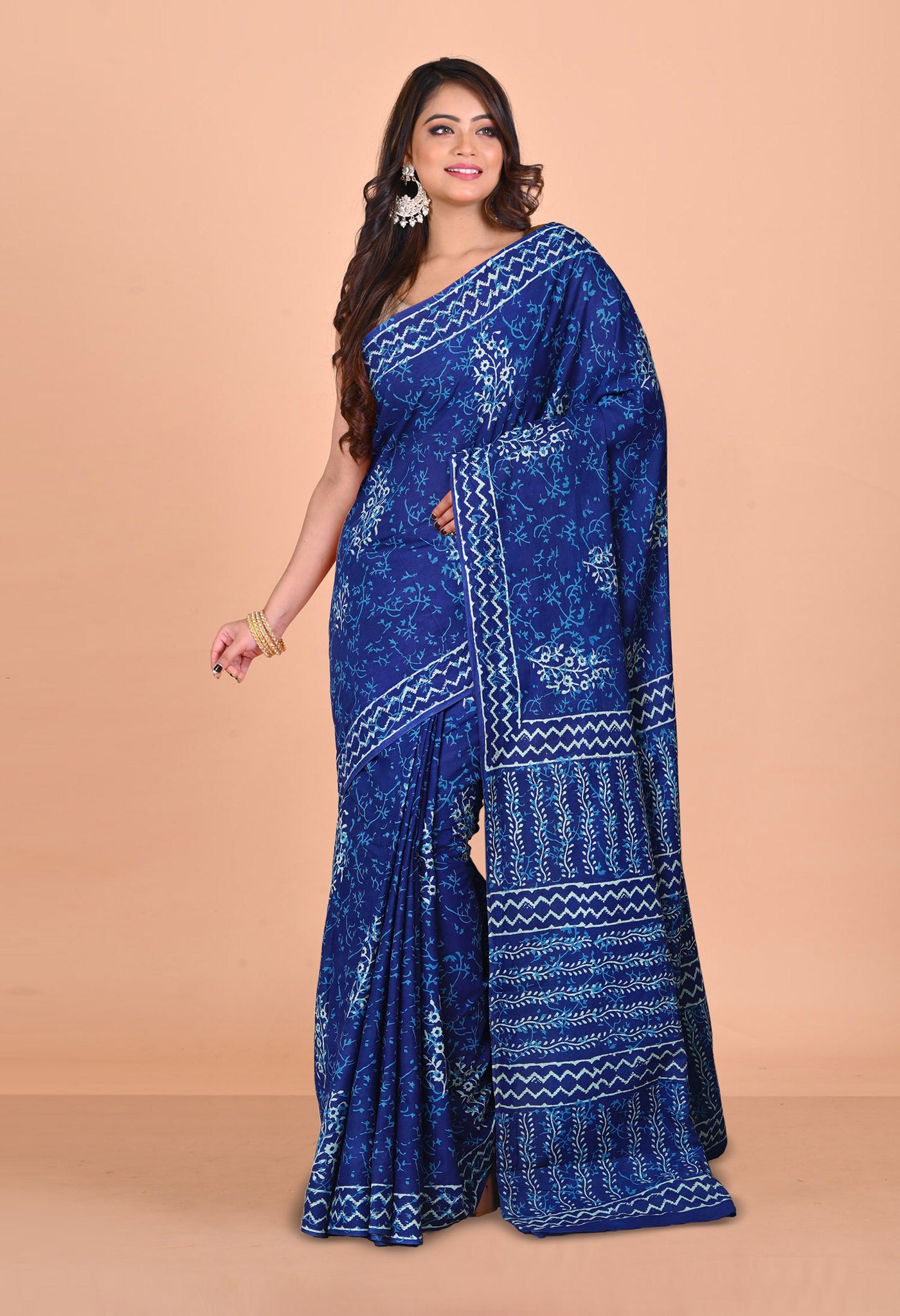 Navy Blue Pure Napthol Hand Block Pinted Soft Cotton Saree-UNM79810