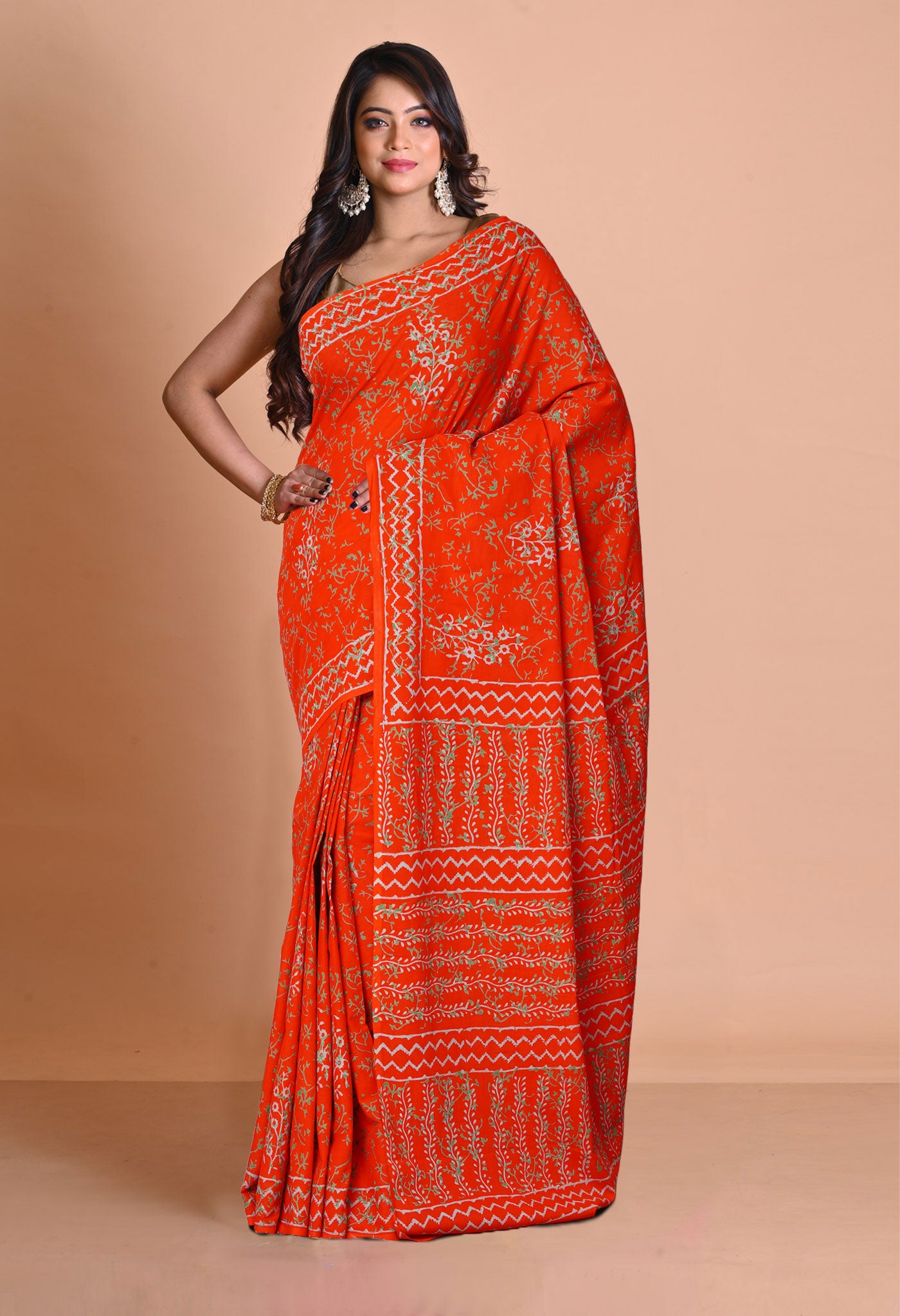 Red Pure Napthol Hand Block Pinted Soft Cotton Saree-UNM79811